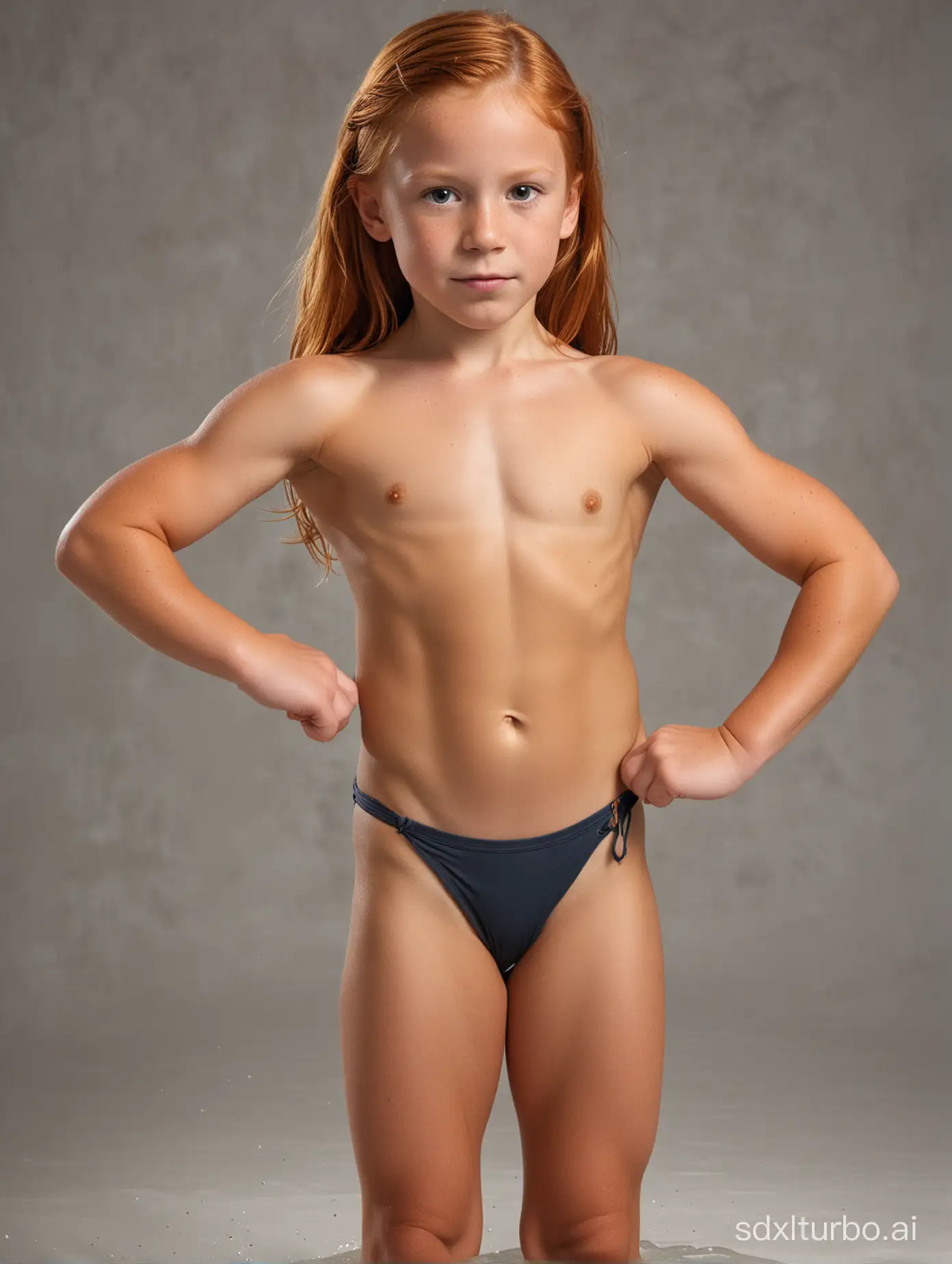 7 years old ginger hari girl, very muscular abs, string bathingsuit