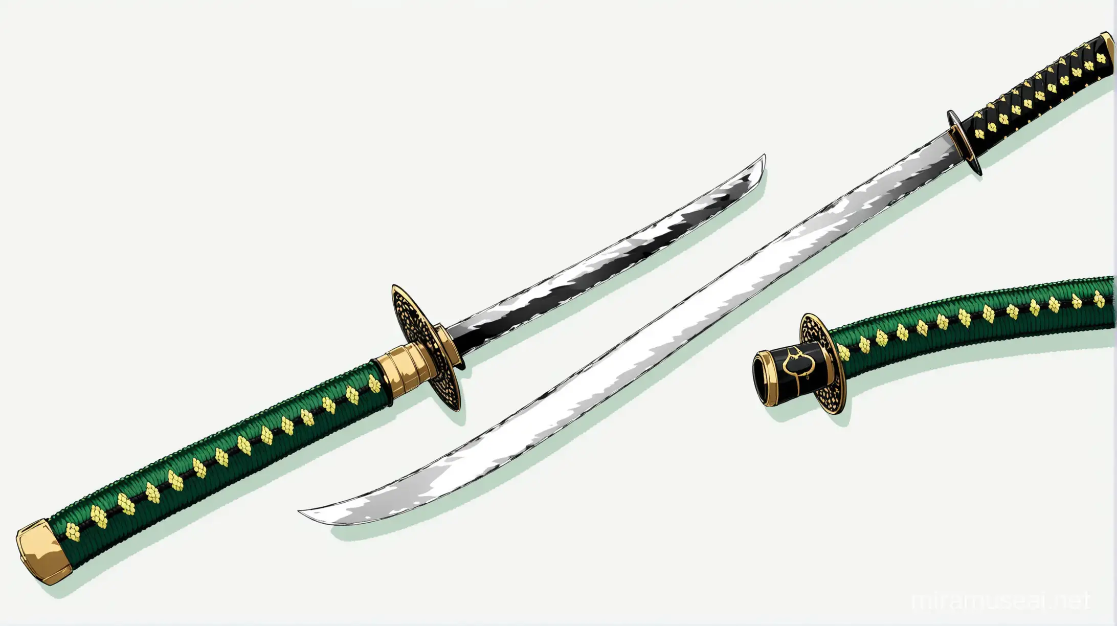 A katana with a dark green handle, white background, anime style