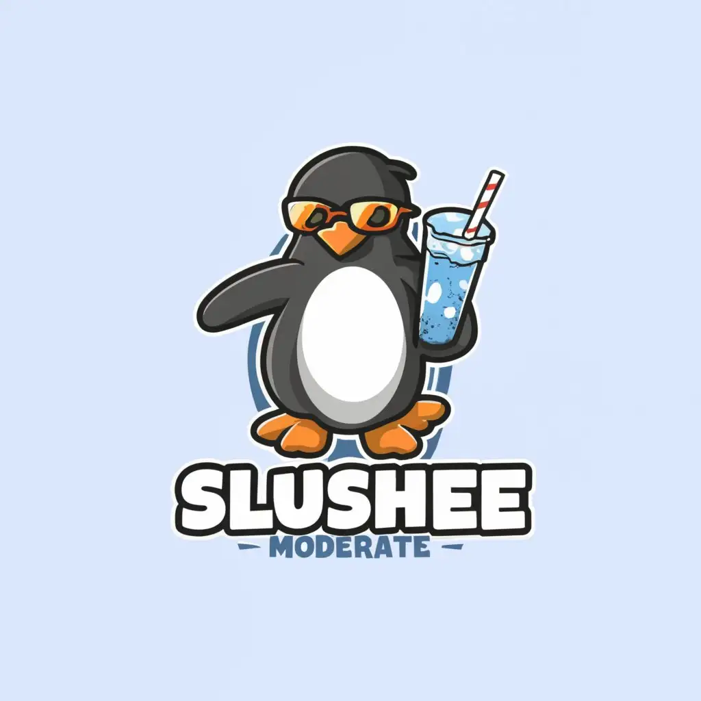 a logo design,with the text "slush", main symbol:cool penguin with glasses holding a slush drink in hand captioned Slushee,Moderate,clear background