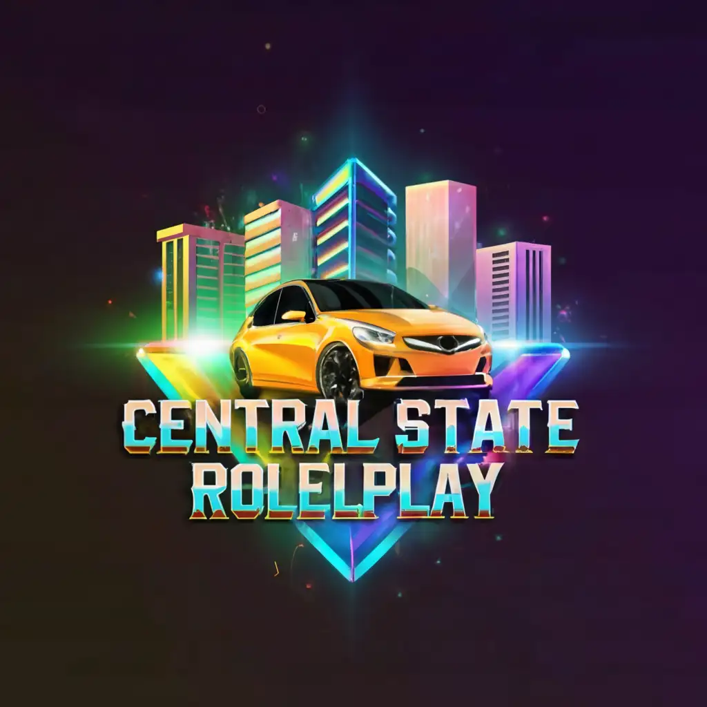 LOGO-Design-For-Central-State-Roleplay-Modern-Cityscape-with-Vibrant-Rainbow-Colors-and-3D-Car-Element