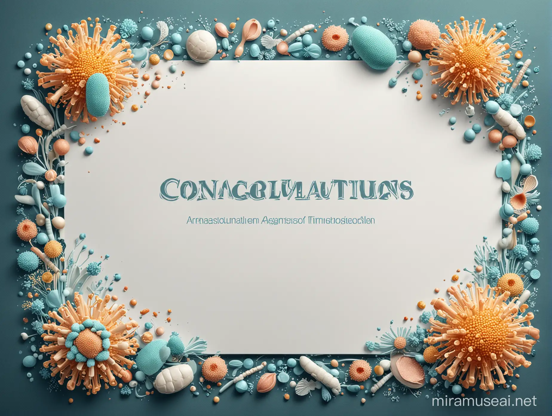 highly detailed style template for a congratulations card for a successful publication as an academic in the field of microbiology, no text