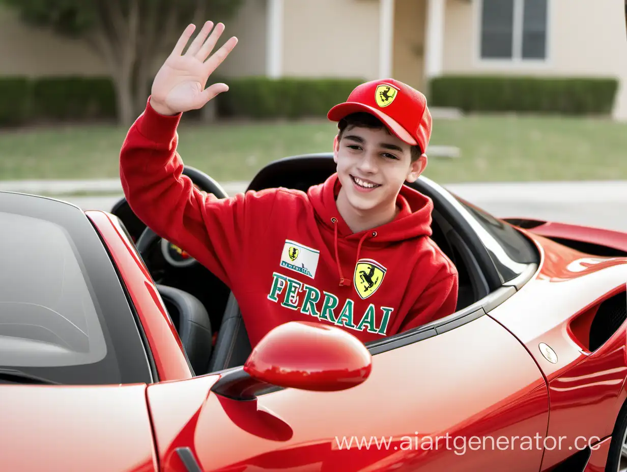 Male teen wearing a cap waving hand from his ferrari