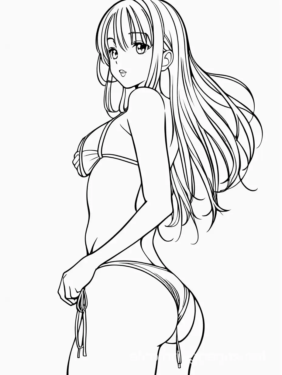 Sexy anime woman in bikini, Coloring Page, black and white, line art, white background, Simplicity, Ample White Space. The background of the coloring page is plain white to make it easy for young children to color within the lines. The outlines of all the subjects are easy to distinguish, making it simple for kids to color without too much difficulty