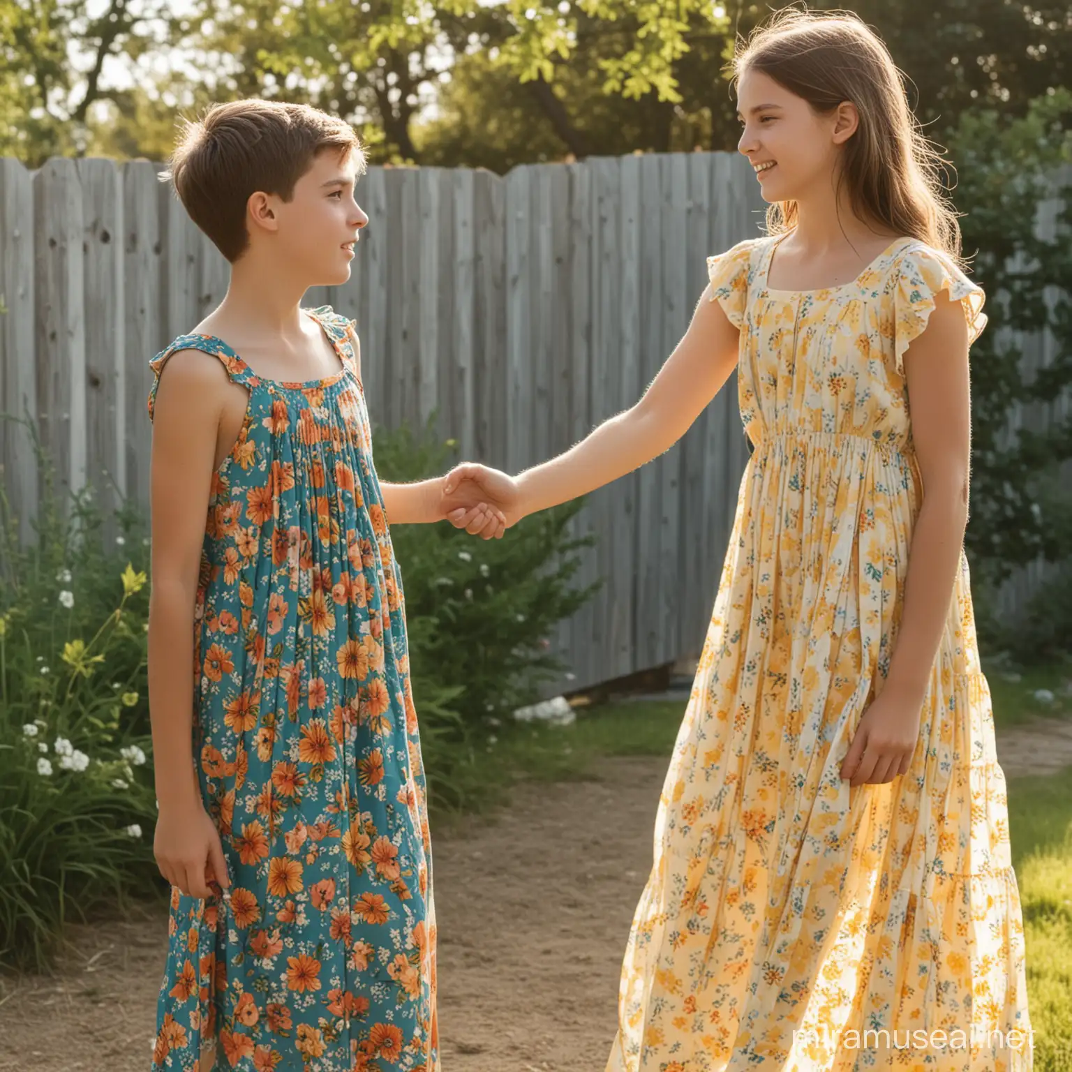 Teenage Boy Wearing Summer Dress Outdoors for Older Sister