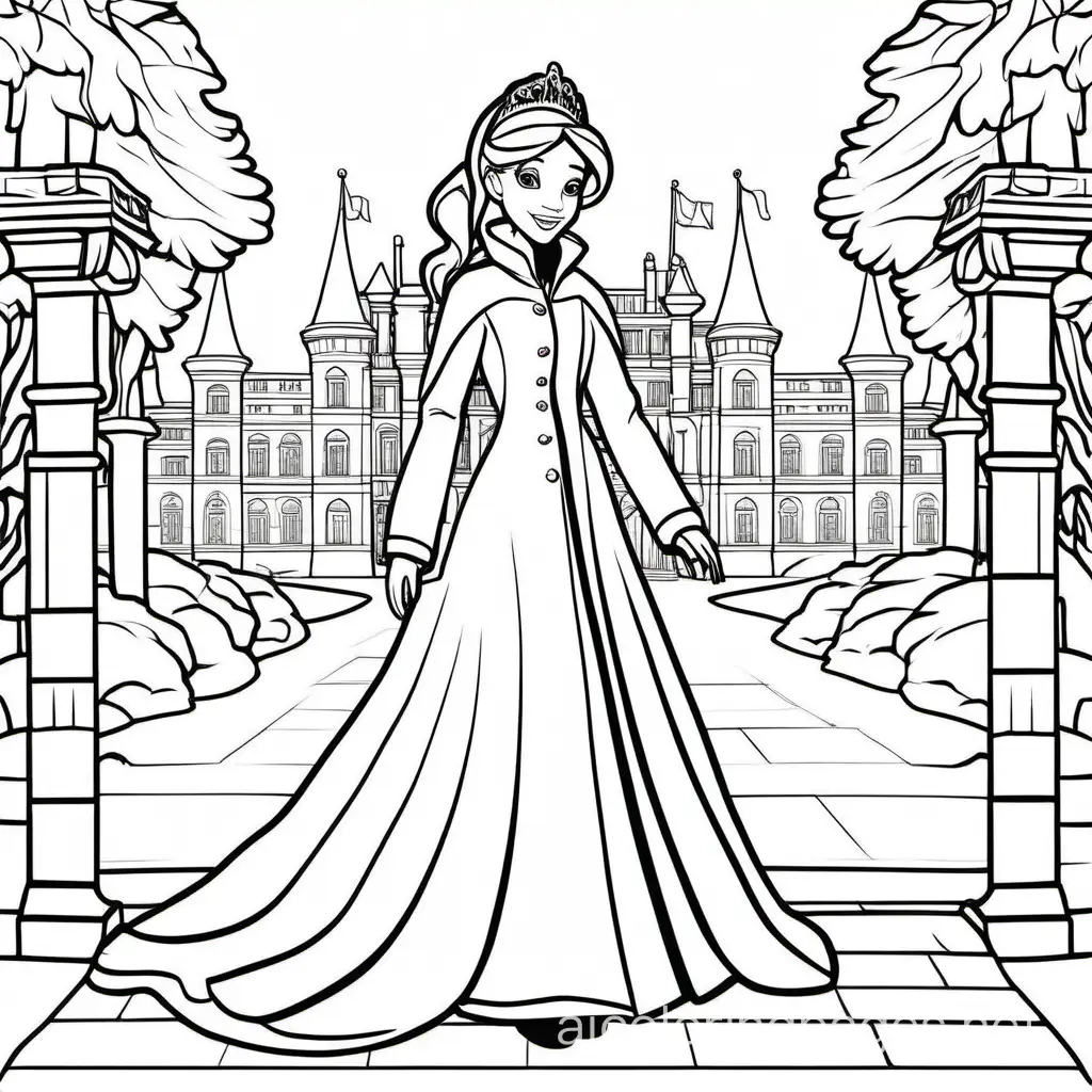 Princess wearing herwinter coat waling outside the palace, Coloring Page, black and white, line art, white background, Simplicity, Ample White Space. The background of the coloring page is plain white to make it easy for young children to color within the lines. The outlines of all the subjects are easy to distinguish, making it simple for kids to color without too much difficulty