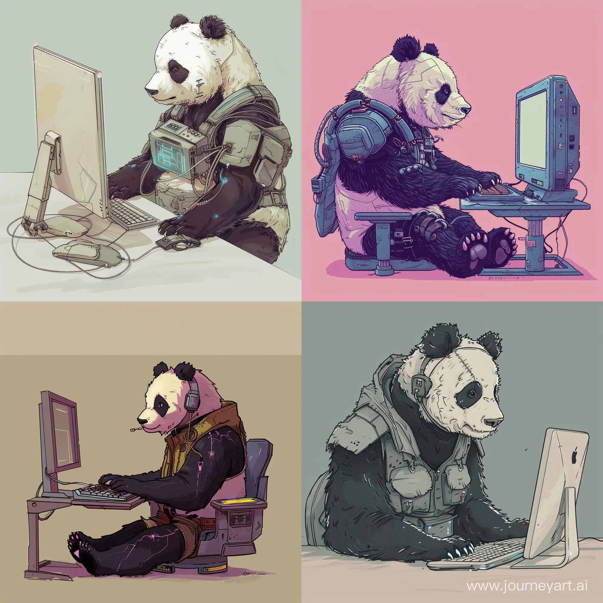 A cyberpunk panda sits at a personal computer