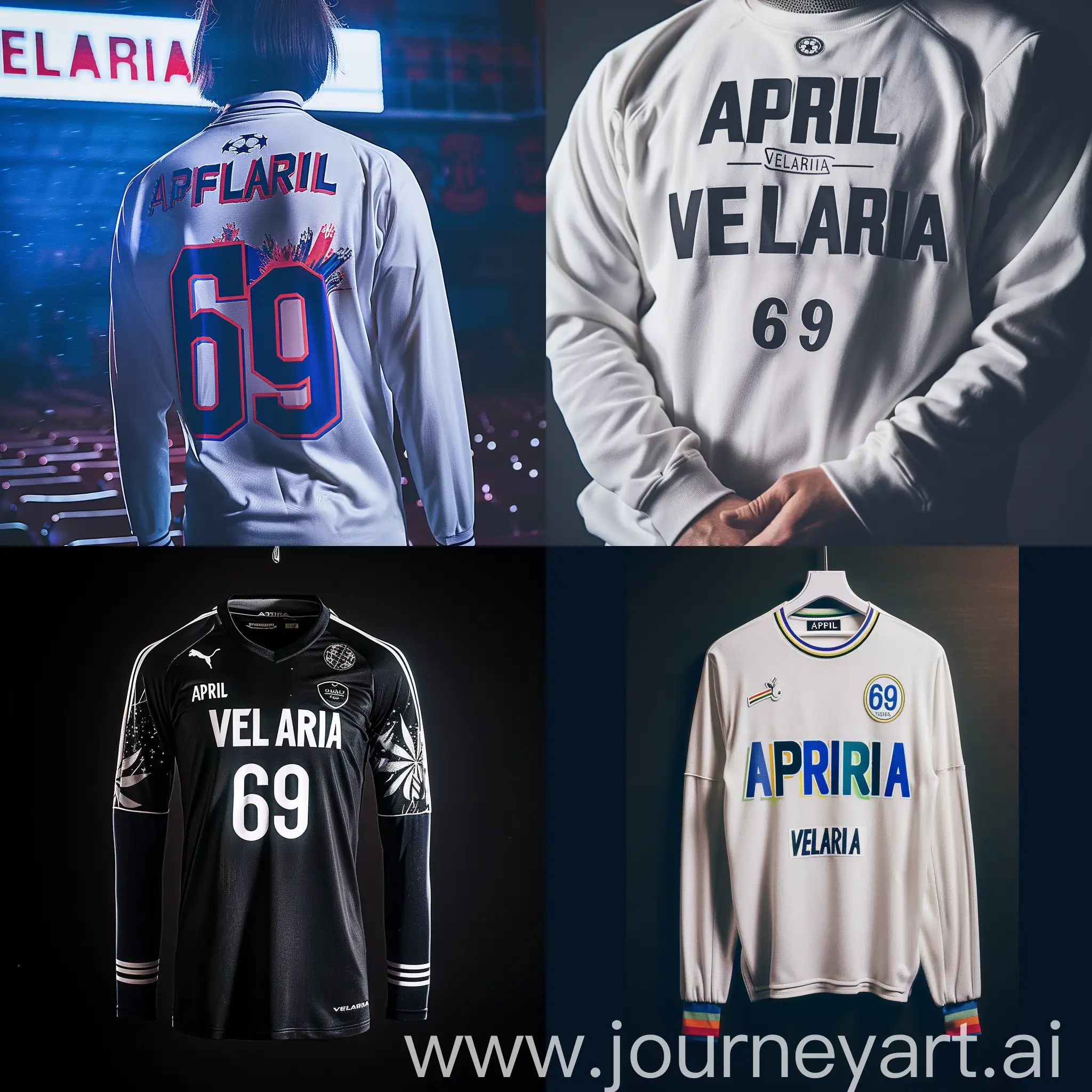  unique long sleeve jersey of a football team with logos of sponsors inspired by Maison Margiela with an “APRIL VELARIA” words in it and number 69 as a player team number 