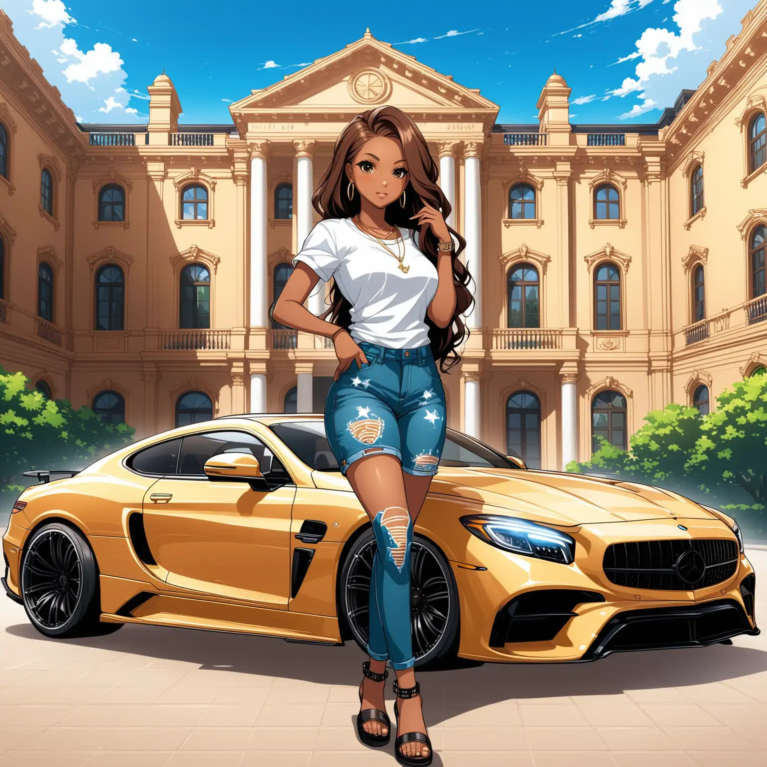 Create anime logo of brown skin urban american girl, urban clothing, in mansion setting, luxury vehicles