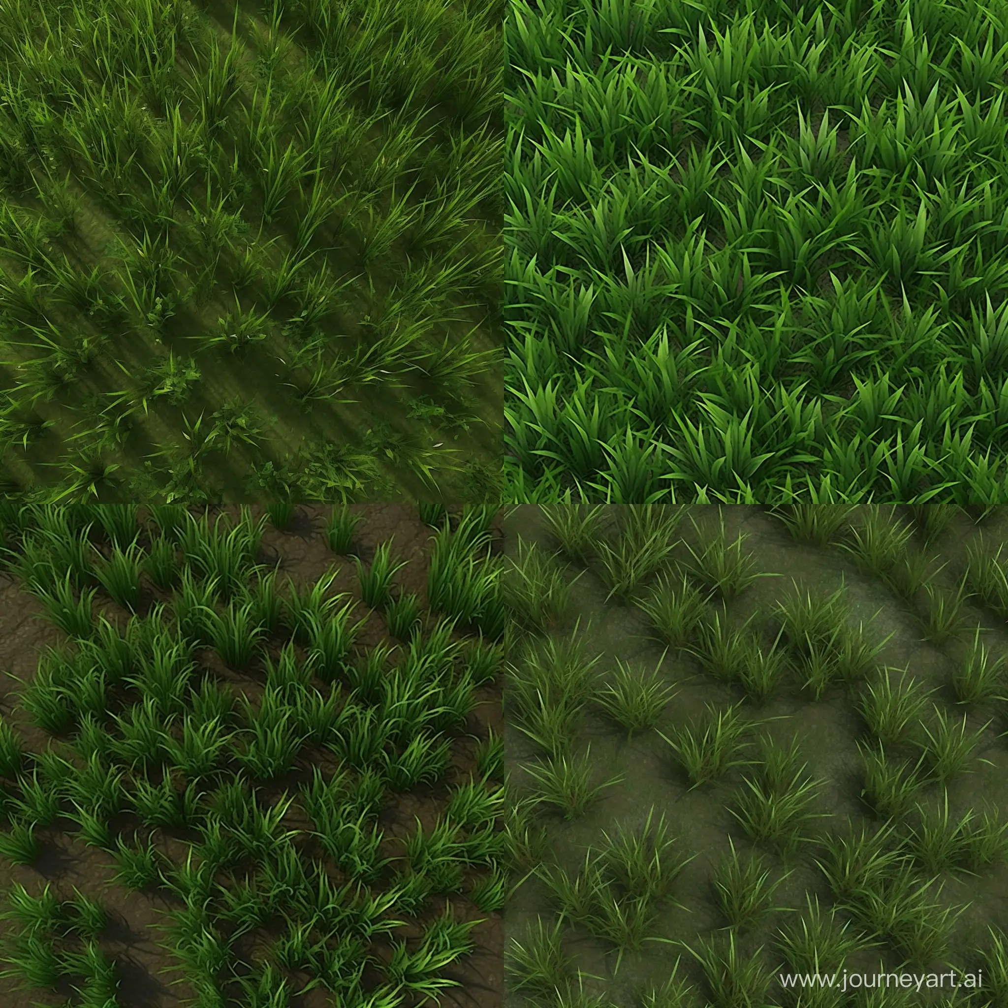 Create a top-down grass texture that can be seamlessly tiled and used as a background for a game environment. The texture should showcase realistic grass blades with varying shades of green, and it should be high-resolution to maintain clarity even when tiled. Consider the lighting and shadows to add depth to the texture. Feel free to incorporate subtle details like small flowers or scattered leaves to enhance the realism of the grass texture."