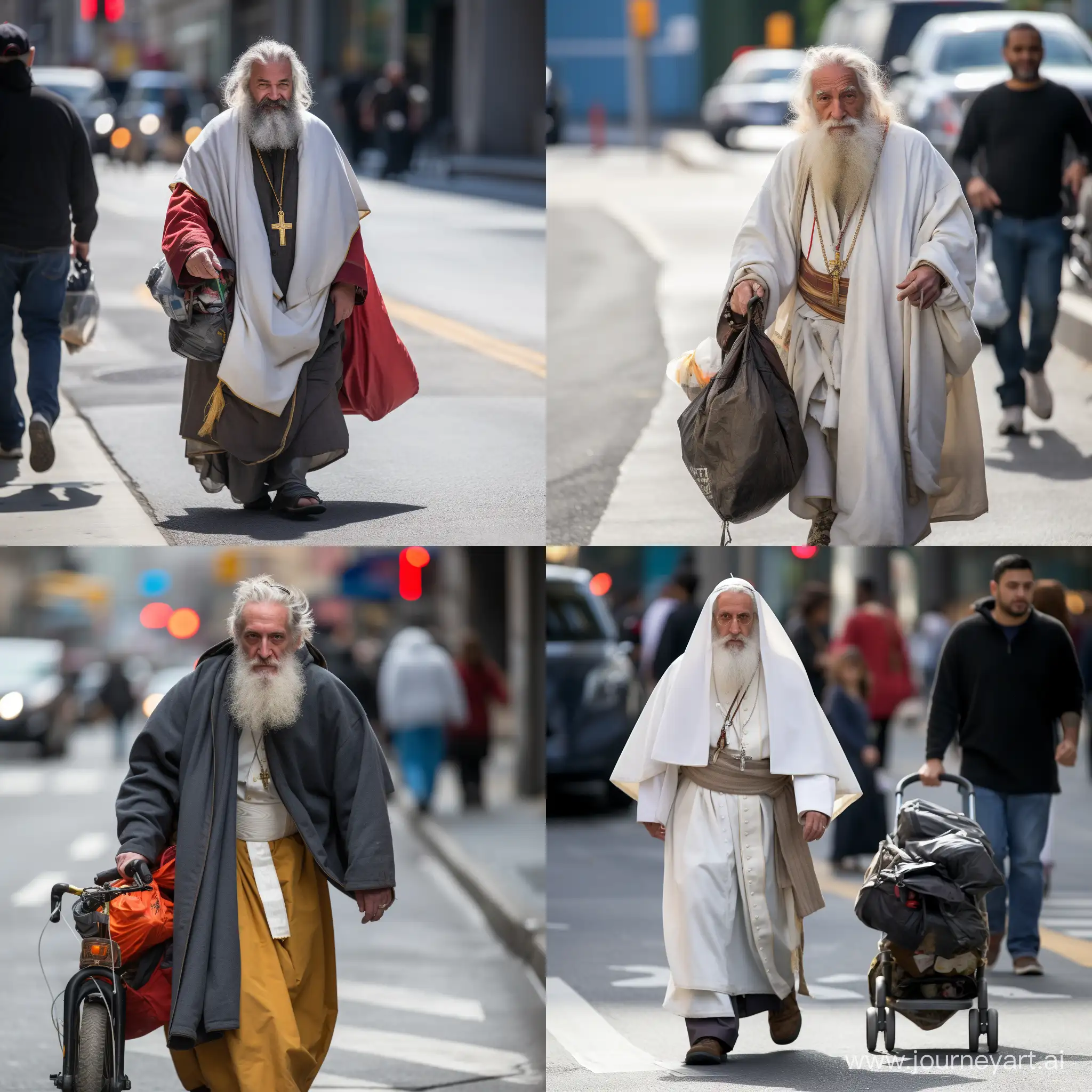 Urban-Scene-Homeless-Pope-Walking-Down-the-Street