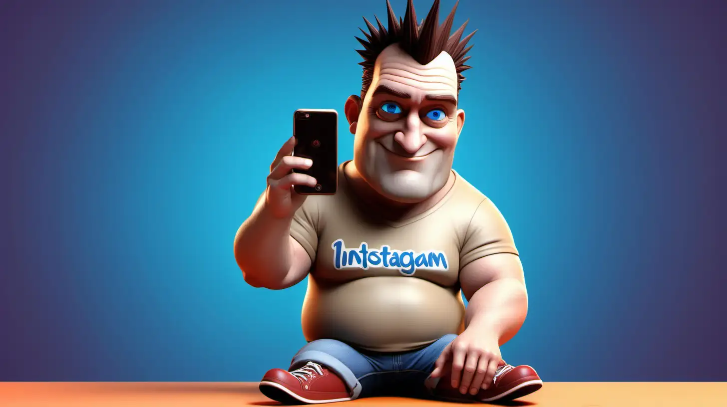 a 3D illustration of an animated Caucasian male roughly 45 years old with a larger body type and spiky brown hair, blue eyes and a high and tight haircut sitting casually on top of the Instagram logo. the character should be wearing casual clothes like khaki shorts and an Arizona State University T-shirt. The background of the image is the Instagram Profile page with the name ChuckHyde_AZ and the profile picture matches the animated character