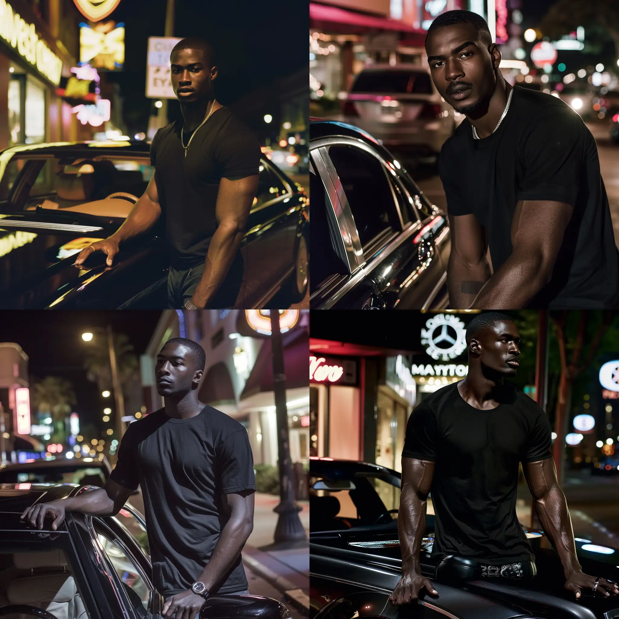Tall, black male model, with black t-shirt, standing by a maybach benz, outside a night club, at night