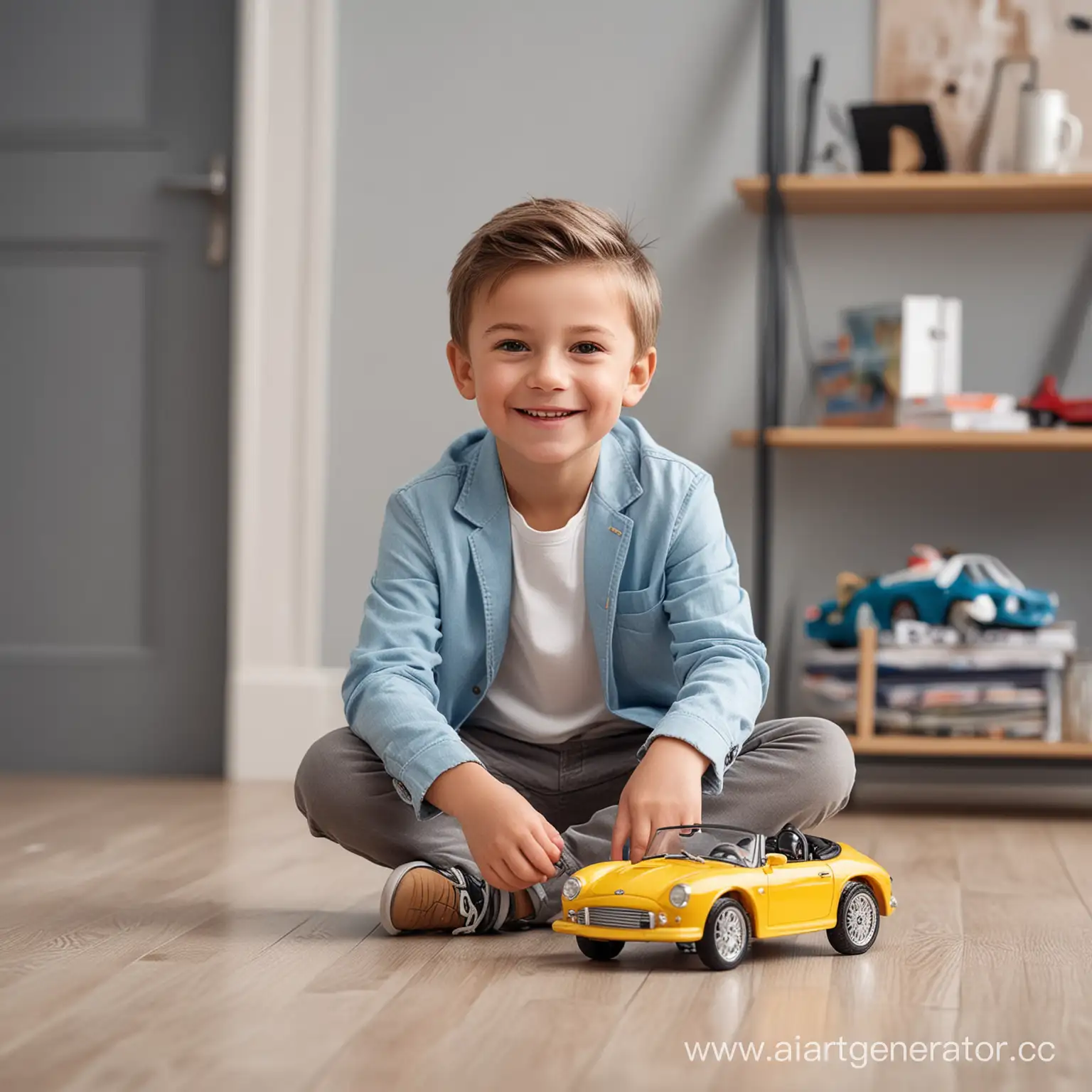 Cheerful-Boy-in-Stylish-Outfit-Playing-with-Remote-Control-Toy-Car