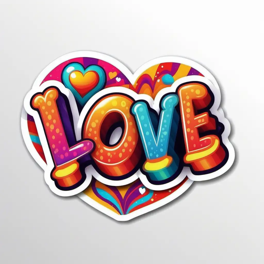 Vibrant Love Typography in Groovy Cartoon Style on a Bright Colorful Sticker