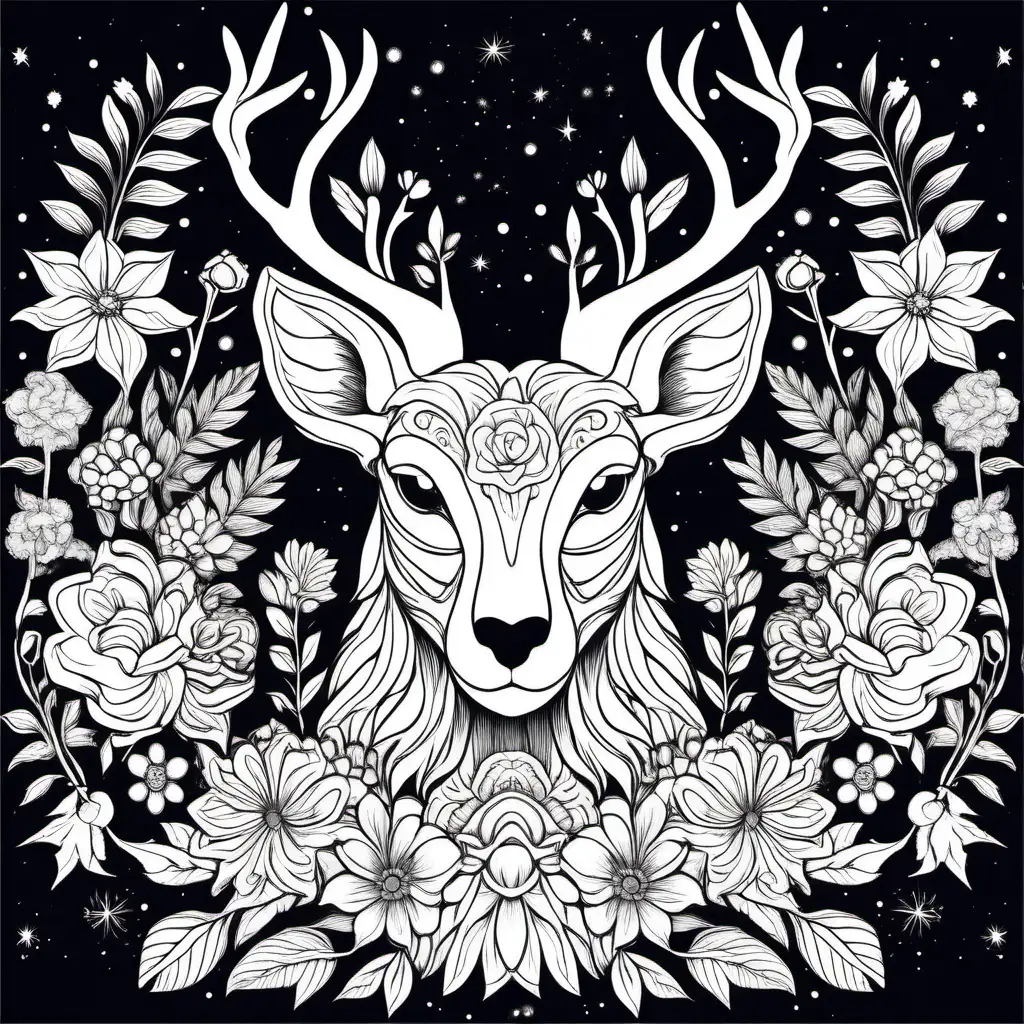 create a very beautiful coloring page with an animal head sorounded by flowers at midnight