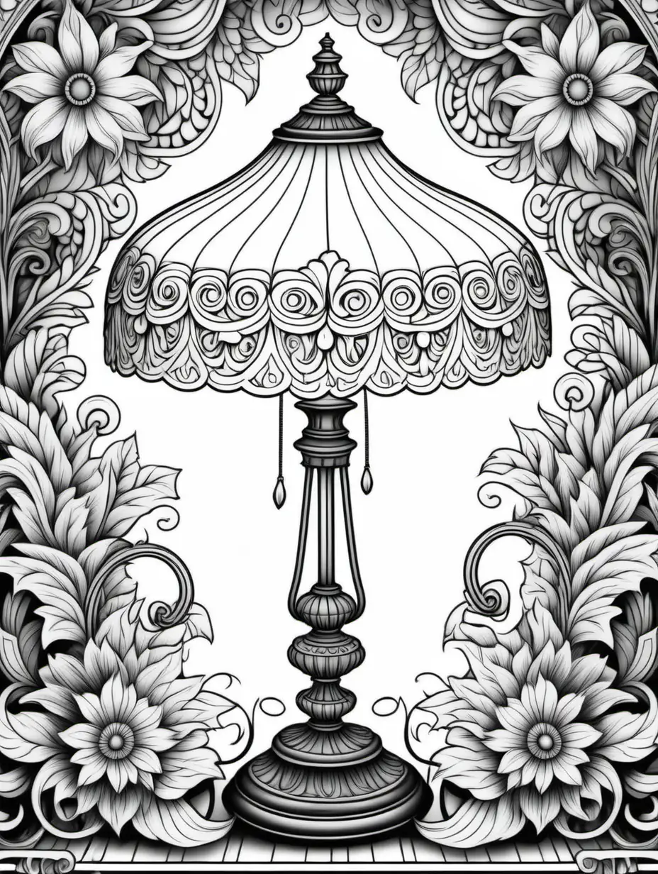 antique lamp, coloring book page, floral doodle background, black and white, no shading, bold black lines, white background, clean edges, full page, color by number