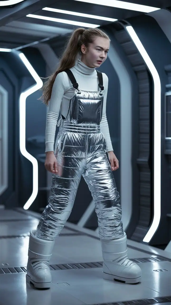 A teenage Czech woman wearing shiny silver ski bibs and a thin white turtleneck. The ski bibs are thick and insulated and have a satiny sheen. The ski bibs have a tightly cinched matching belt.

She is in a futuristic space station. She is wearing cute winter boots that are made of glossy white plastic. She is not wearing makeup.

Her hair is in a ponytail. She is impatient or annoyed.