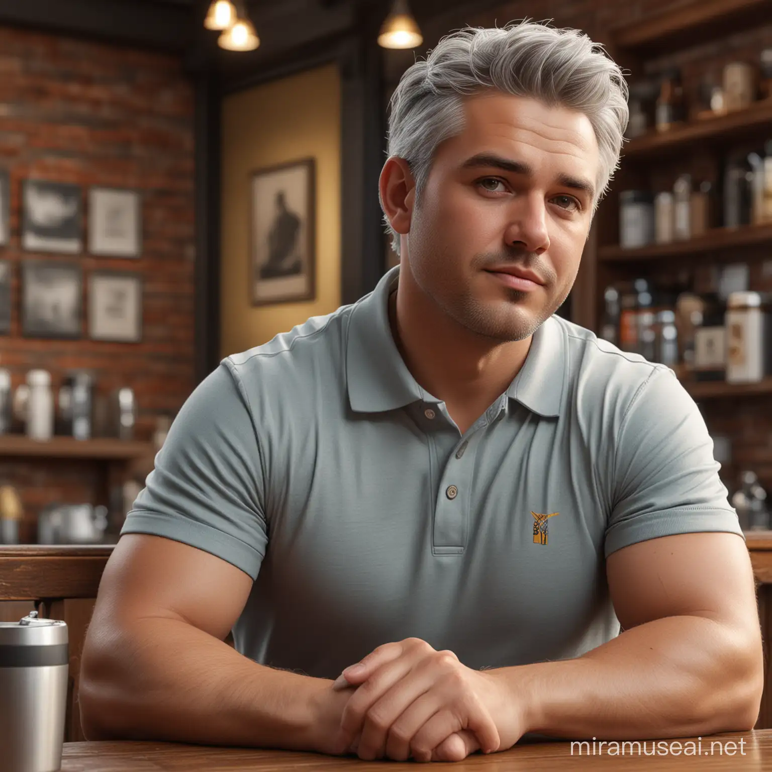 photo of strong chubby handsome men, athletic posture, gray hair,  clean face, wearing polo shirt, coffee shop background, hyperdetailed, sitting pose, detailed face, detailed eyes, detailed clothing, hyperdetailed digital art, rembrant lighting, resolution concept art 8k, depth of field, ultra high quality model, intricate artwork masterpiece, golden ratio, trending on cgsociety, intricate, epic, trending on artstation, 8k, dslr