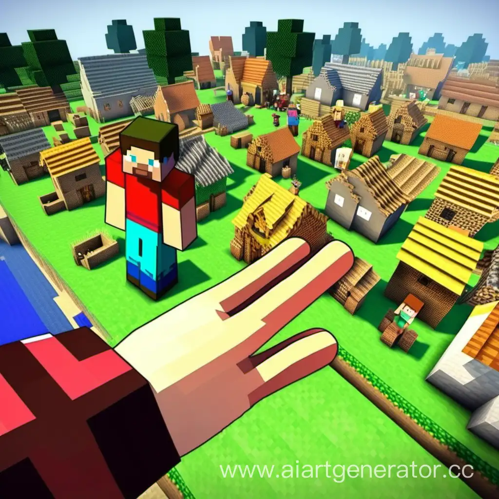 Steve from Minecraft waves his hand at the village of villagers over there