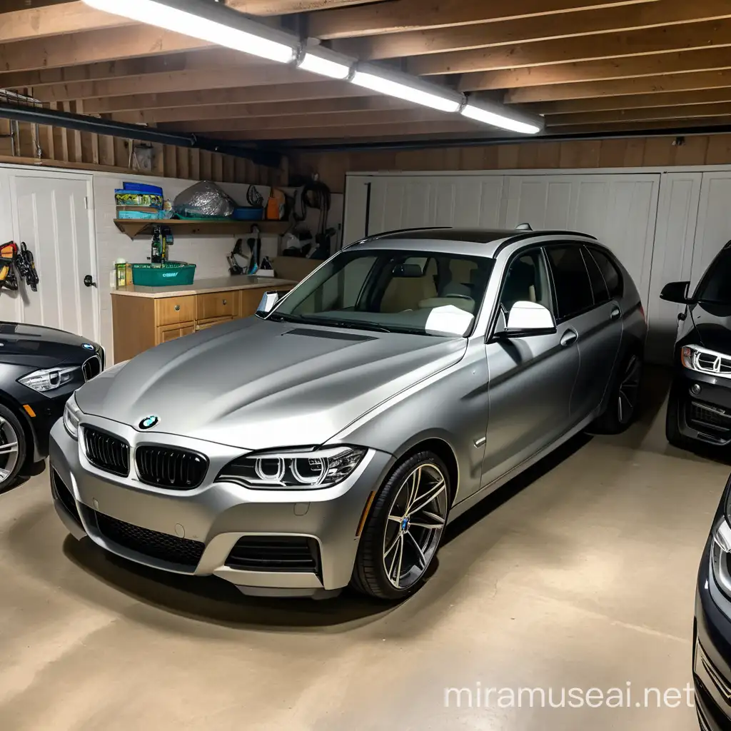 s bmw modern spy vehicle in the large basement garage of a suburbian house; big enough to house a hungry family of four

