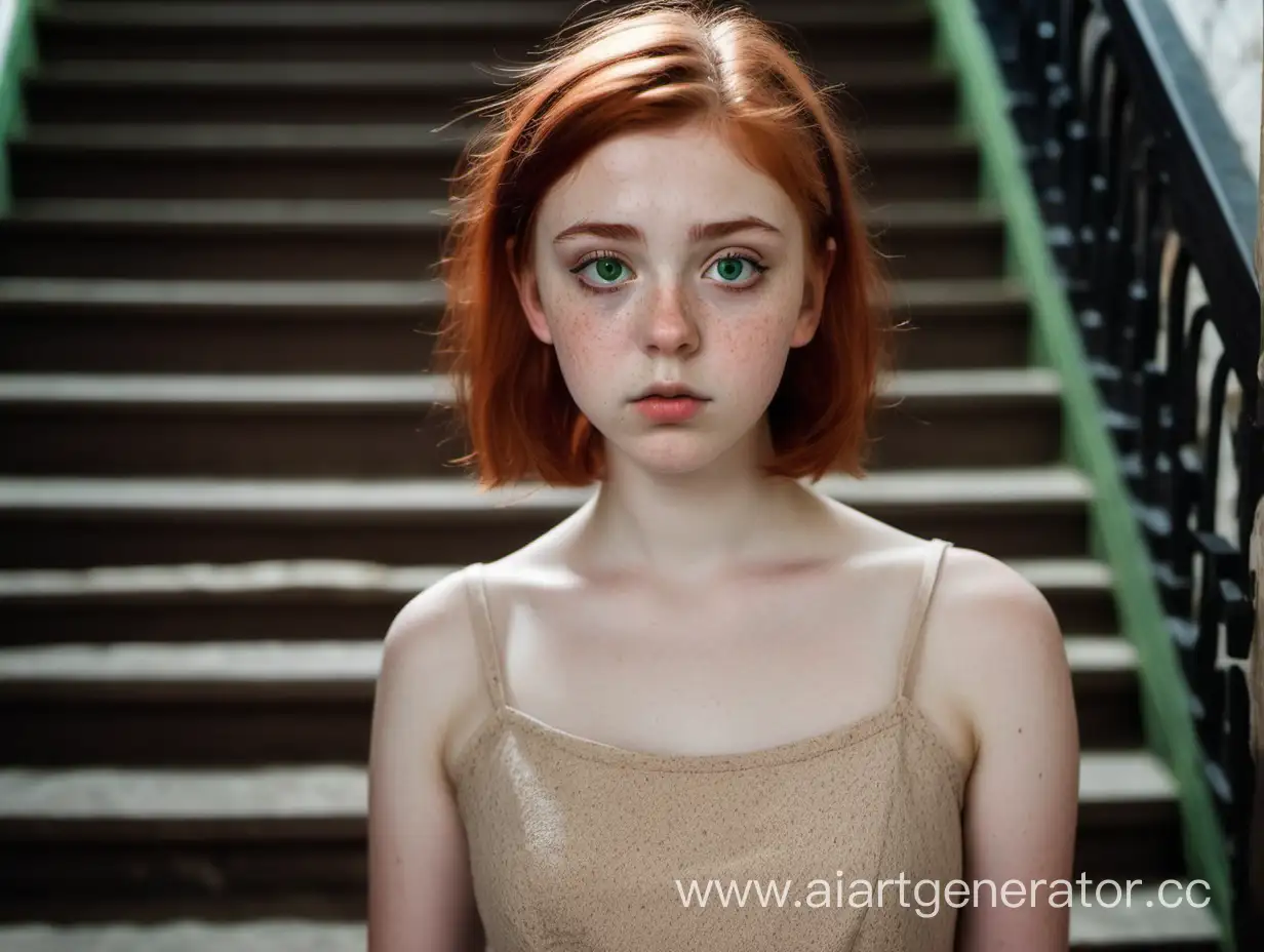 Mournful-EighteenYearOld-Redhead-in-Beige-Dress-on-Grand-Staircase