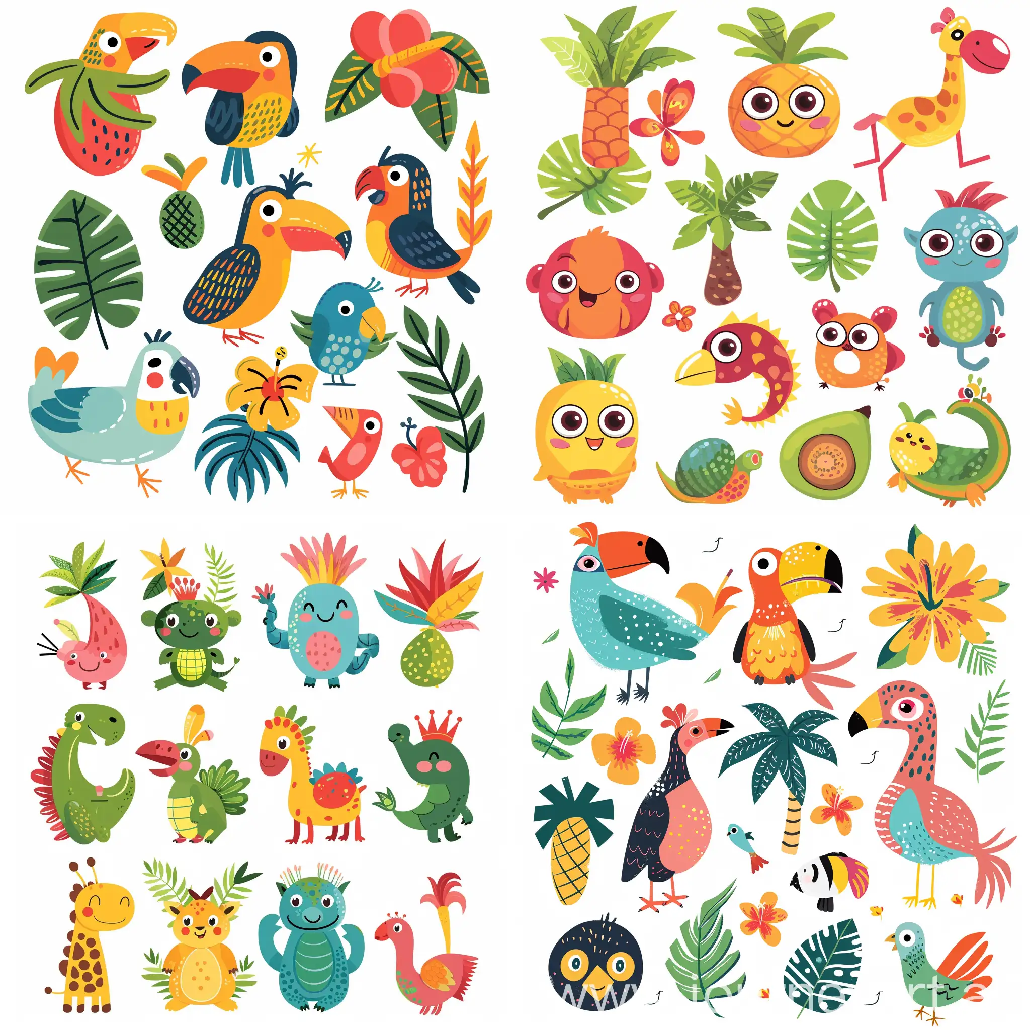 adorable and happy flat vibrant tropical cartoon characters for toddlers white background