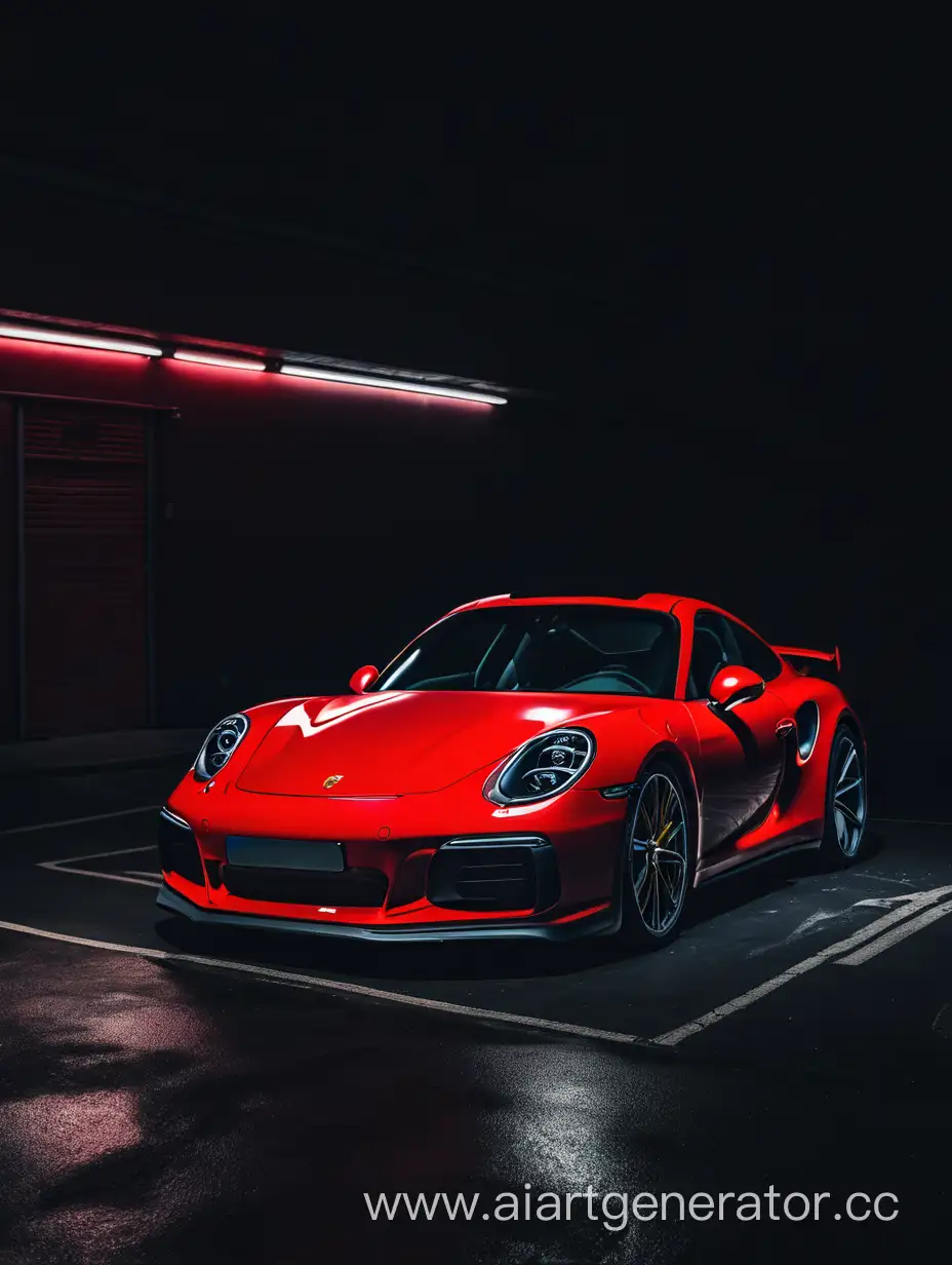 Sleek-Red-Porsche-Car-in-Dimly-Lit-Parking-Area