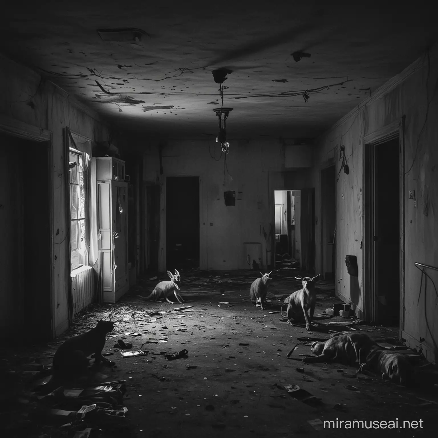 Abandoned apartment with creature lights, the environment is very VERY dark, and you cannot see the creatures, only their light eyes