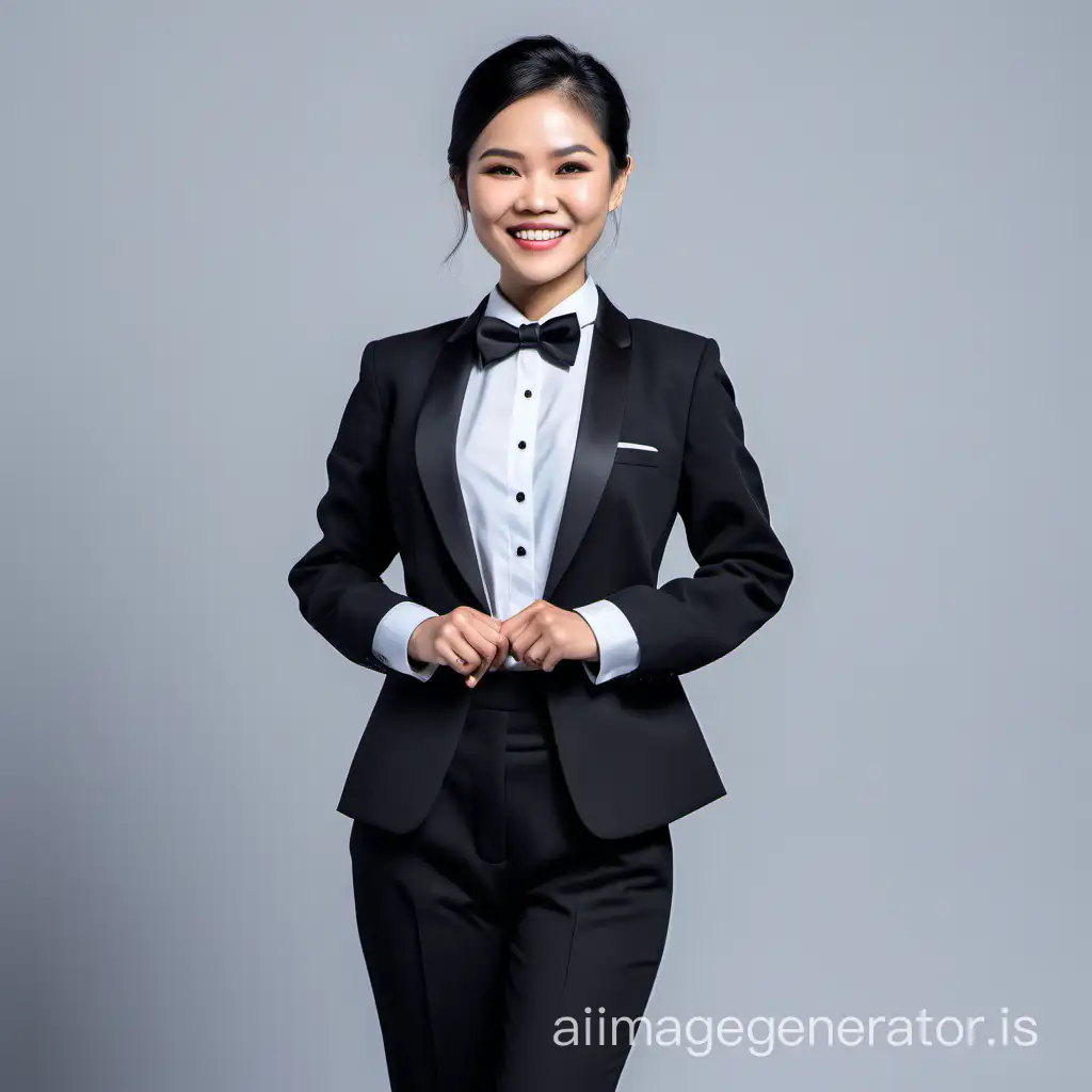  confident and sophisticated and smiling vietnamese woman wearing a black tuxedo with a white shirt and a black bow tie, black pants, folding her arms