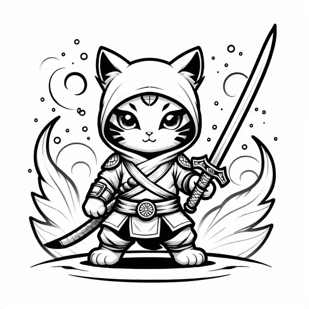 a kitten ninja hero with katana  bold black lines  black and white for a coloring book
