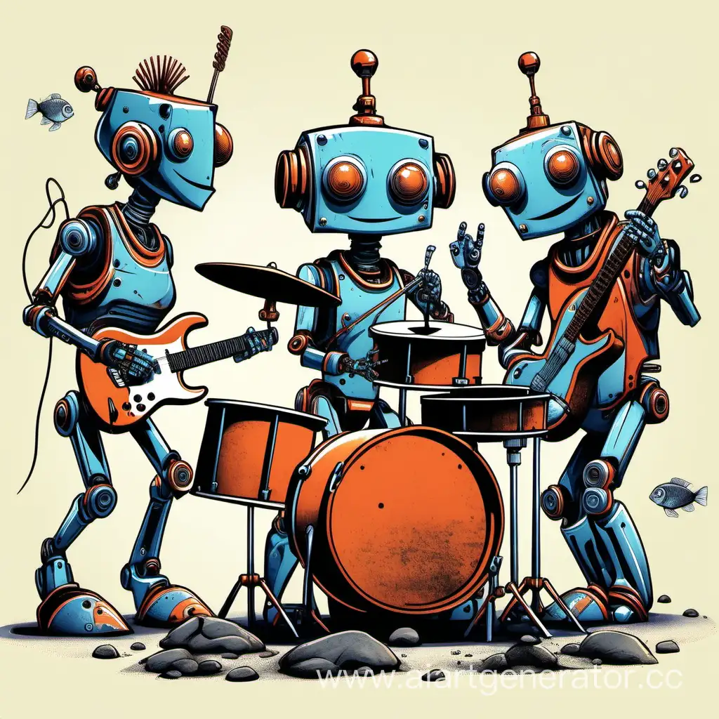  rock and roll band of rusty robots with a female singer and a broken robot drummer playing for a crowd of animated fish
