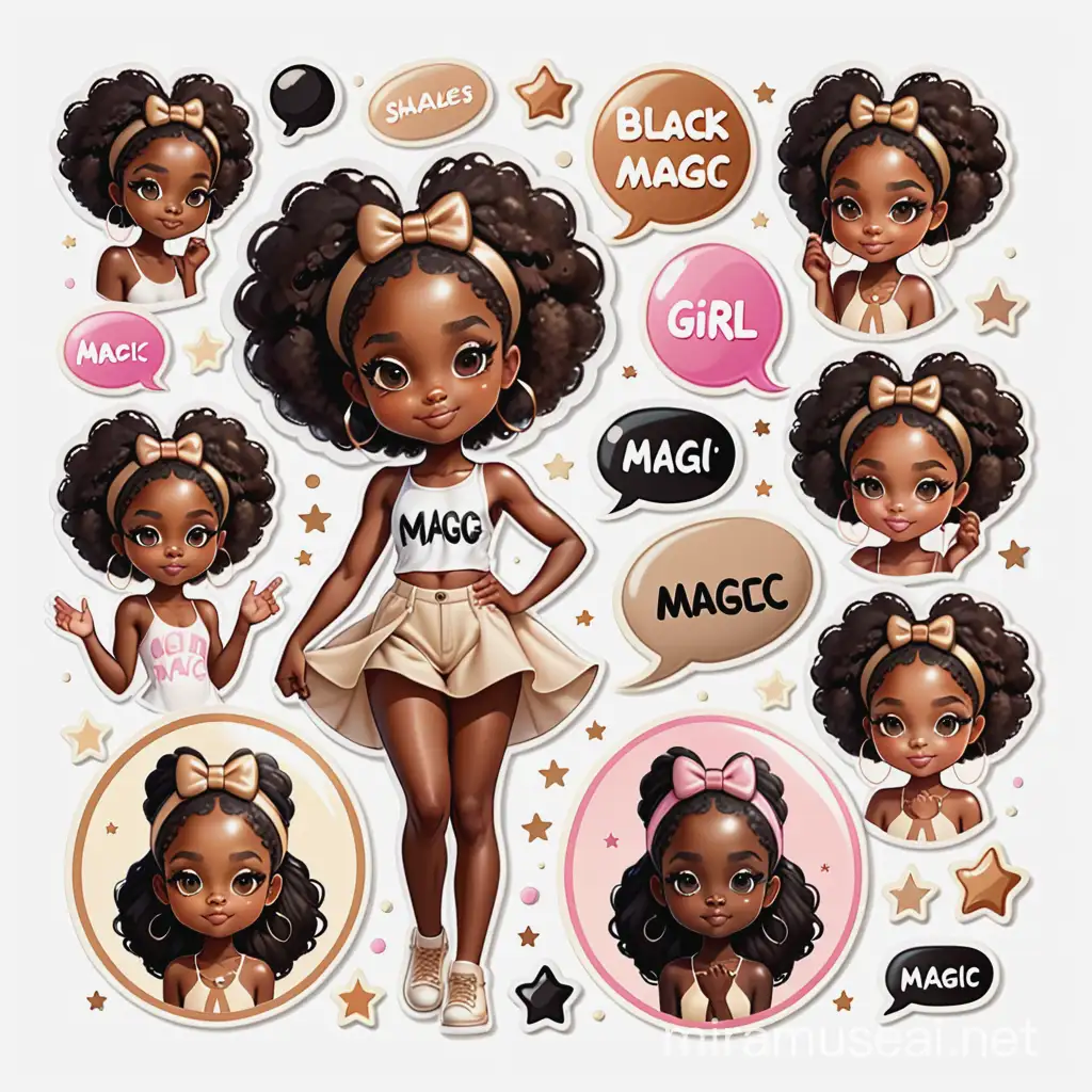hyper realistic sheet of cartoon stickers with "black girl magic" theme with "black girl magic word bubble" in shades of cream, khaki, tan, caramel, pink and brown.  transparent background.