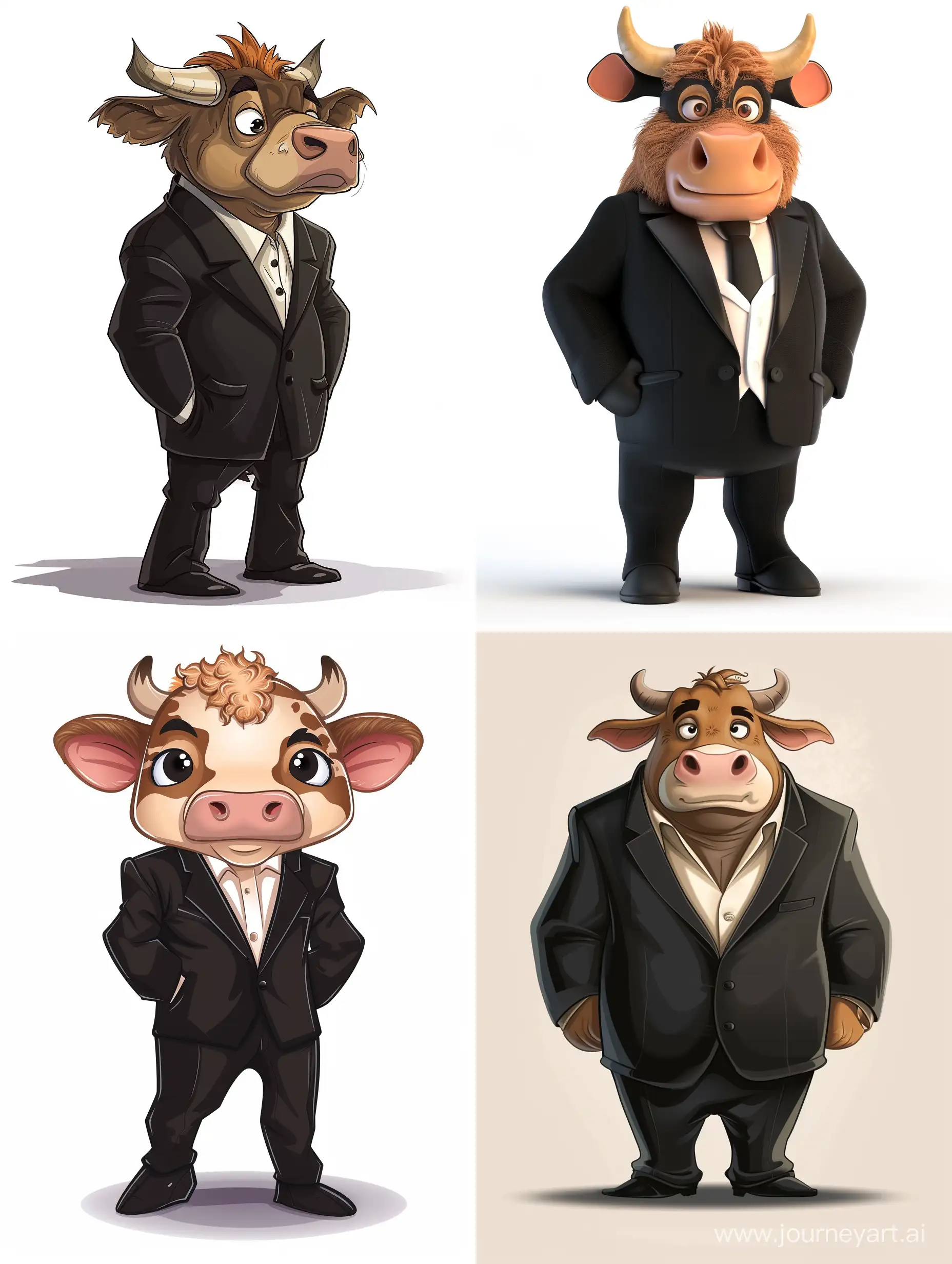 Cool cartoon anthropomorphic furry cow in black suit jacket and black trousers 