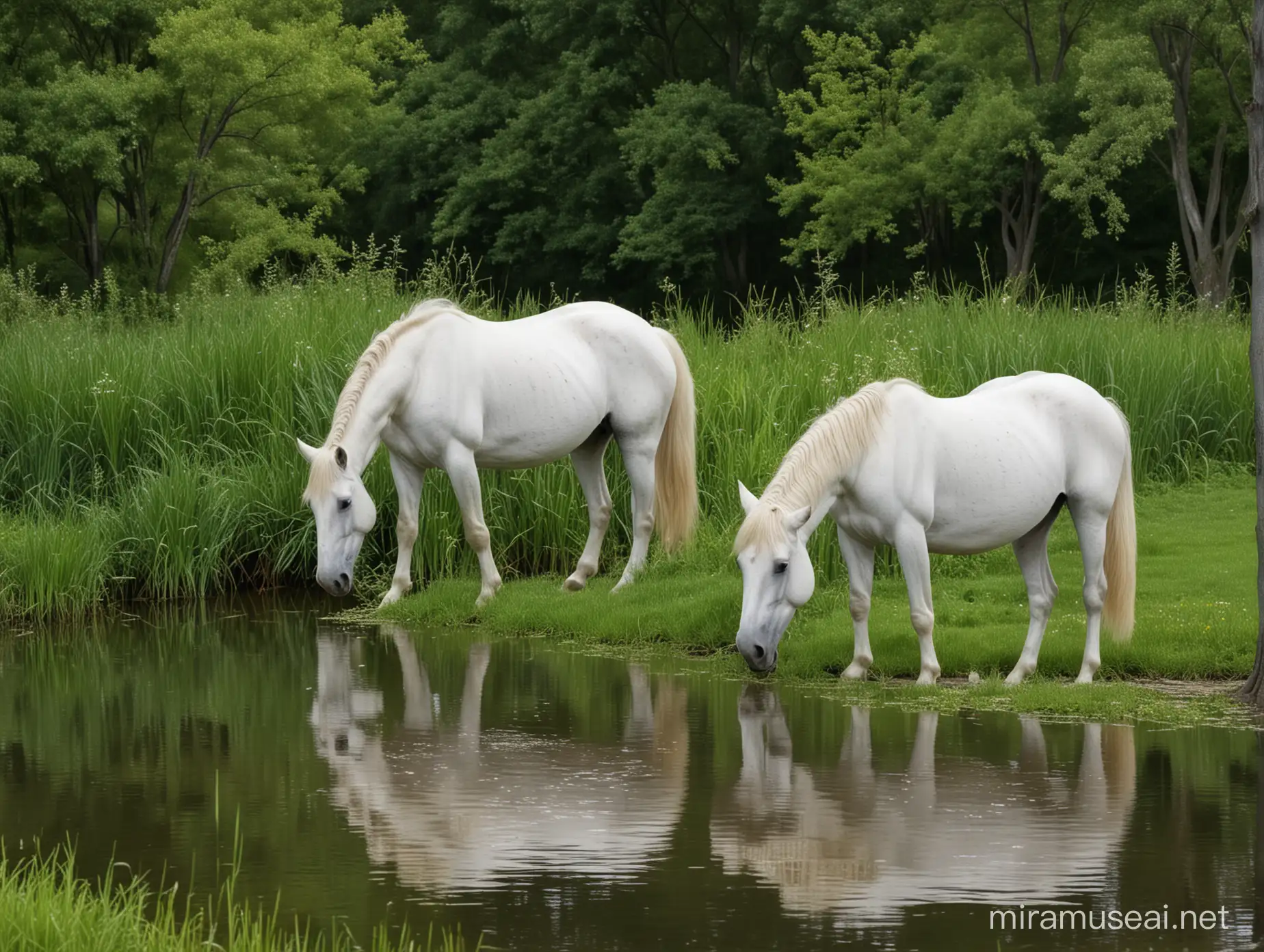 Two white horses graze near the water's edge, their elegant forms contrasting against the lush greenery. With gentle movements, they lower their heads to the earth, nibbling on the tender grasses that sway in the breeze. The tranquil scene is accentuated by the stillness of the nearby pond, reflecting the serene tableau of the grazing horses.
