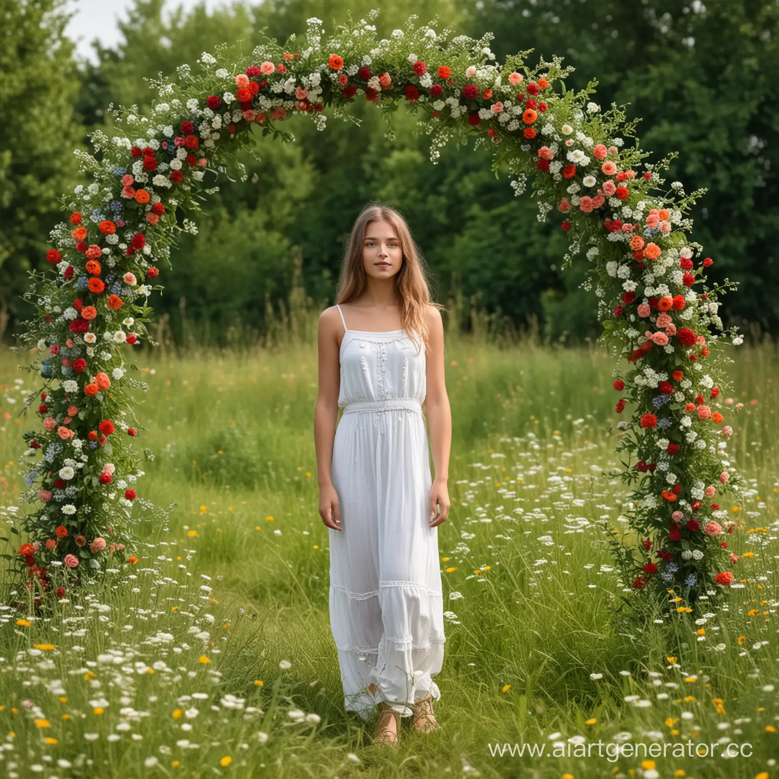 Девочка на поляне летом в полный рост, за ней цветочная арка, реалистично