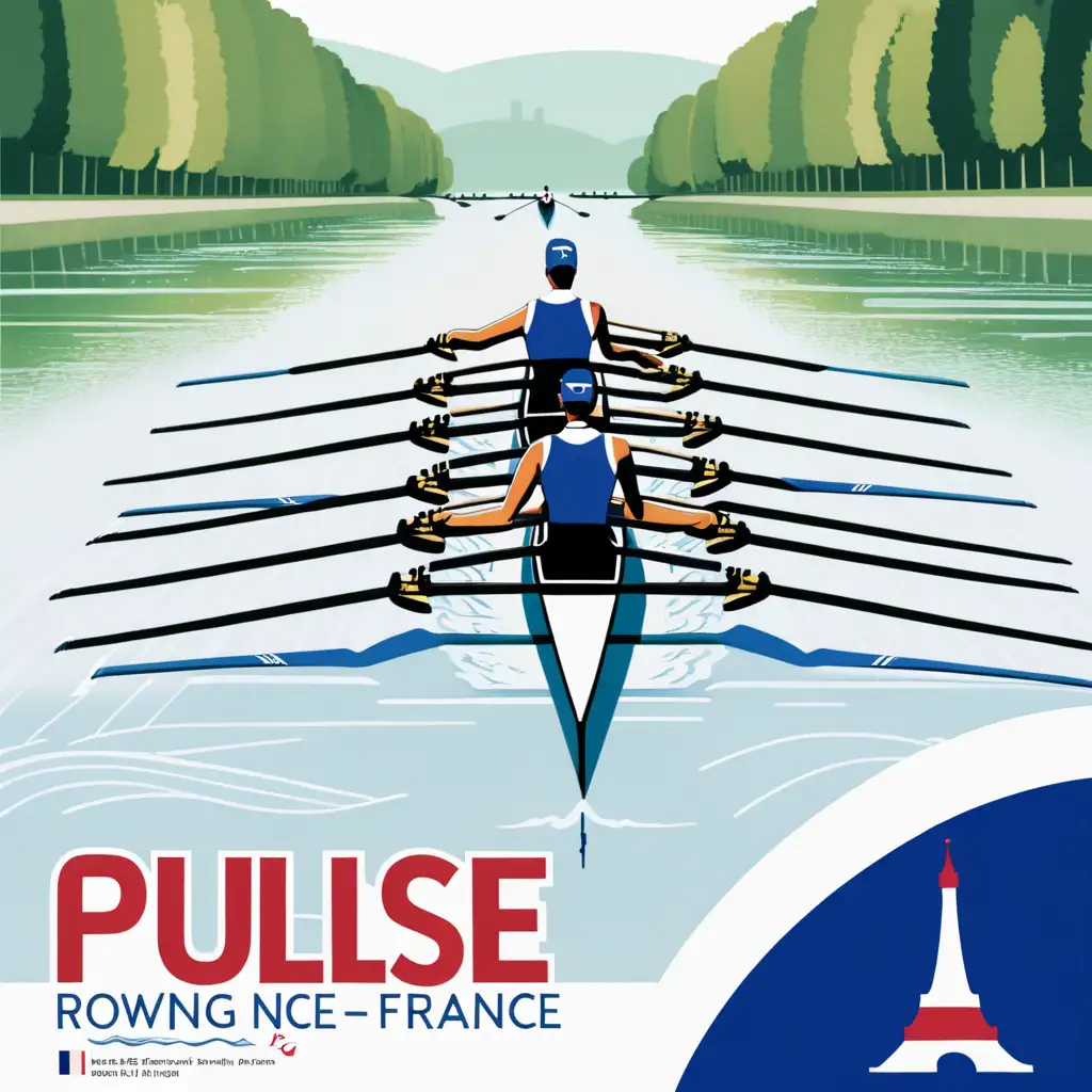 fais moi un poster qui représente une course d'aviron sur un fleuve en france. l'aviron est sur une carte de France. le titre du poster est Pro'Pulse. On voit l'aviron de dos.