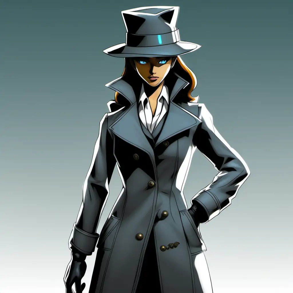 Shes a pokemon trainer that has a toned and fit slim build, warm beige skin with ocean blue eyes. She wears The Time Detective attire is a seamless fusion of classic detective style and futuristic functionality. Dressed in a tailored, charcoal-gray trench coat that hints at timeless detective charm, the ensemble exudes an air of mystery. The coat is made from a specialized fabric that provides both comfort and resilience.

Underneath, the detective wears a fitted black suit with discreet, high-tech enhancements. The suit features embedded sensors capable of detecting temporal anomalies and analyzing historical data. A subtle, integrated communication device allows for discreet coordination with time enforcement agencies.

Accessorizing the outfit is a vintage-inspired pocket watch, which cleverly conceals a miniature chronomiter for precise time measurements. The detective carries a compact temporal scanner, resembling a sophisticated pen, for on-the-go investigation of temporal disturbances.

Stylish yet functional, the footwear consists of polished, black leather shoes with a hidden layer of advanced material, enabling swift and silent movement across different timelines. The detective completes the look with a classic fedora, adding a touch of timeless elegance.

The Time Detective attire strikes a balance between traditional detective aesthetics and cutting-edge technology, embodying the essence of those who unravel temporal mysteries – the Time Detectives. she is always wearing her White flower hair pin and most often wears her long dark brown hair in a ponytail.
