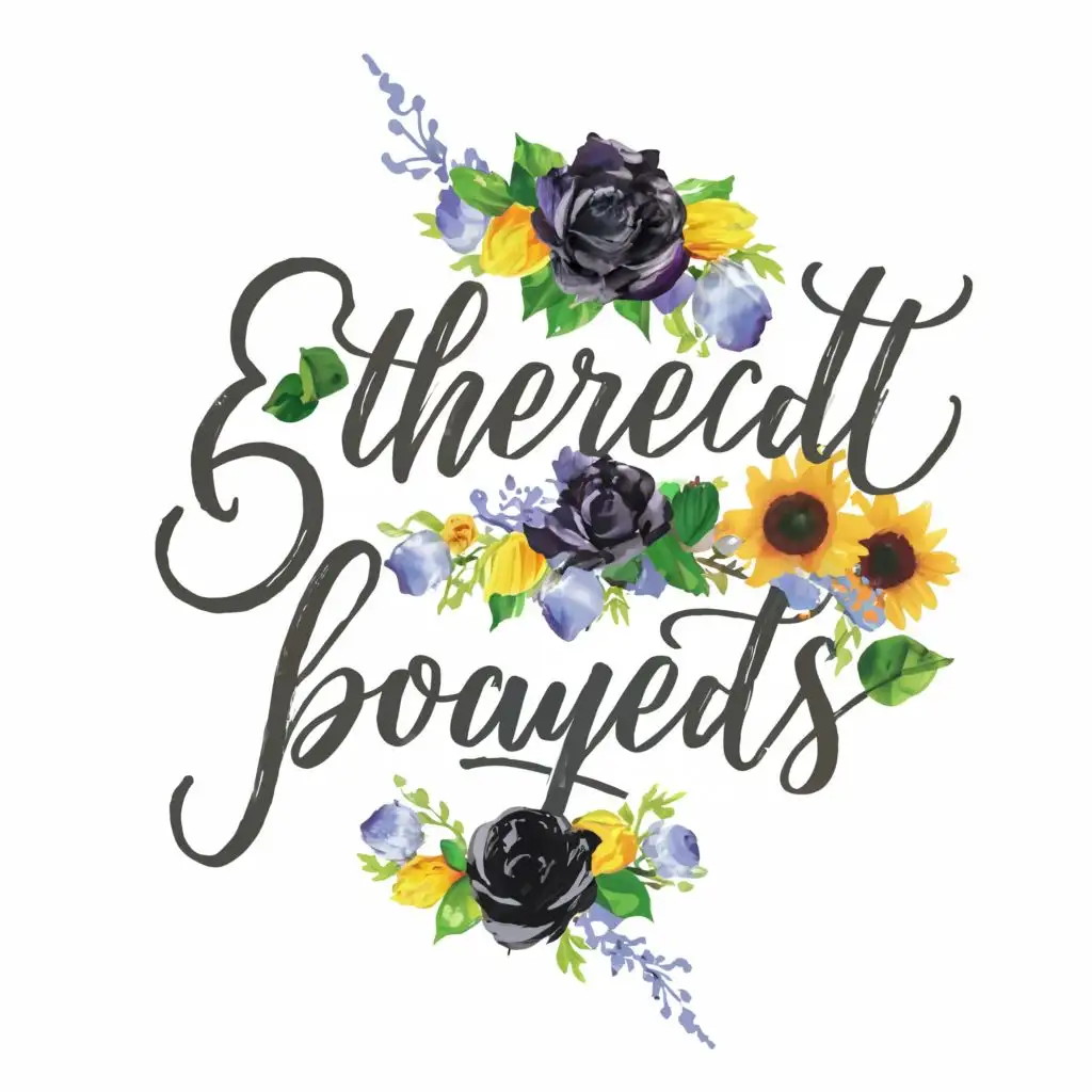 logo, bouquets cursive made of black roses, yellow sunflowers and dark purple tulips that are elegant and pretty, with the text "Ethereal Bouquets", typography