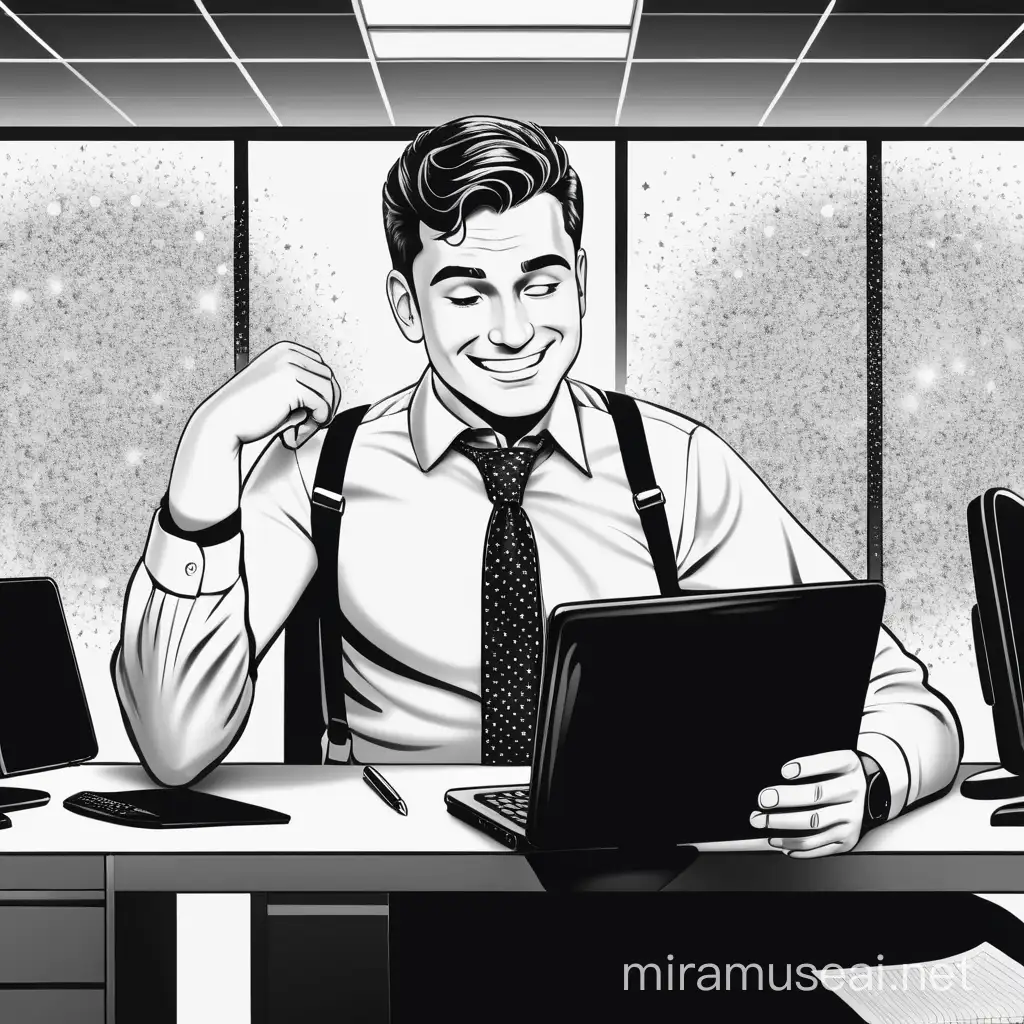 A person thinking in office on how to improve a process with sparkling  thoughts and confident and smiling face with a tie in black and white