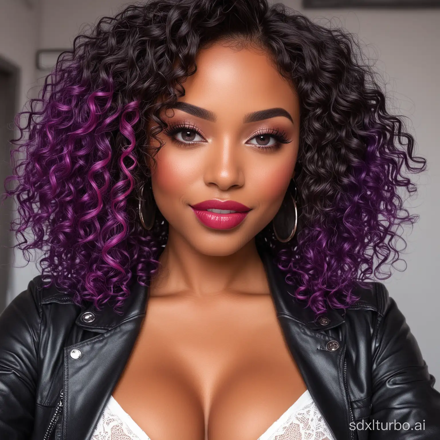 A sexy black lady from Portugal，a sexy and charming smile，oval face,purple eyes，the lips are painted with rose red lipstick，blue highlight dyed hair,Sexy and charming micro curly hairstyle，Wearing white tight underwear inside，Black leather jacket