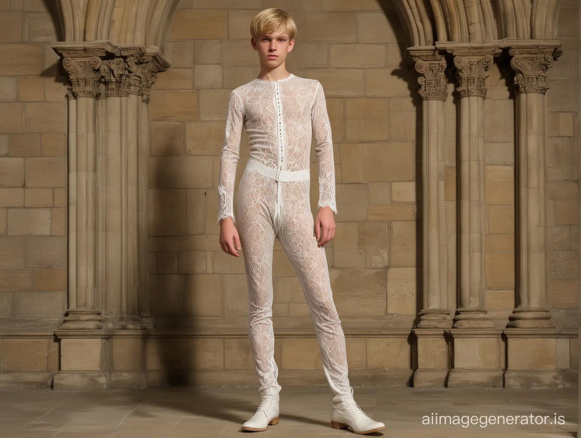 A 15-year-old white boy, he is very slim and has very narrow hips and has blonde hair. Thin arms. He wears a very skin-tight, white lace jumpsuit that looks like nude; the surface of the fabric is absolutely flat. The material has no closure. His hands are free. The head is also free. The figure is wearing knee-high boots. He stands in a the nave of a gothic church.
