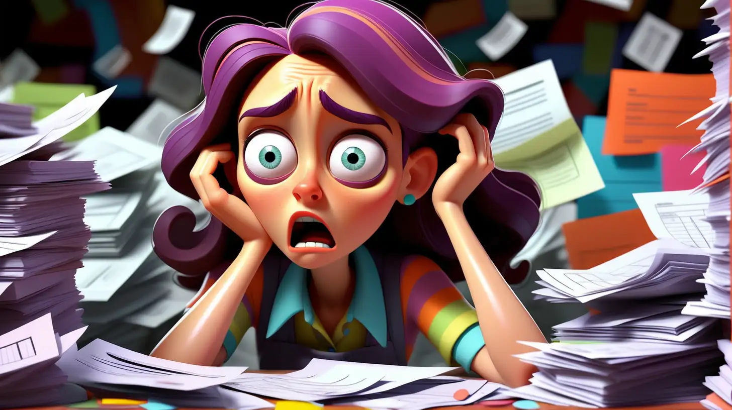 confused and dazed looking female small business owner buried in financial statements confusion  colorful, pixar style, no watermark