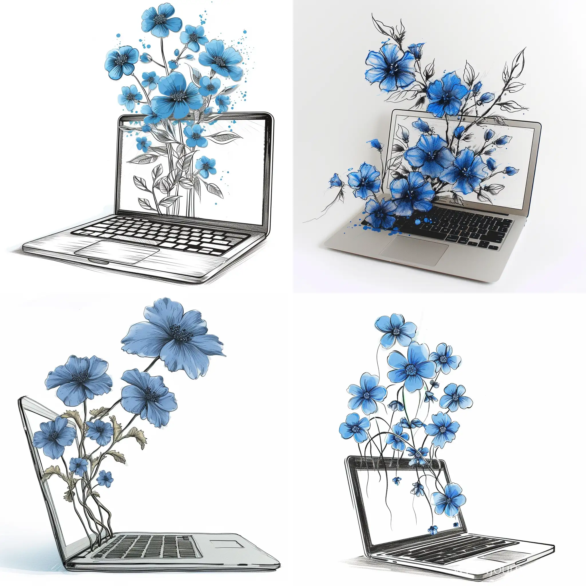Victors-Laptop-Illustration-Blue-Flowers-in-Sketch-Drawing-Style