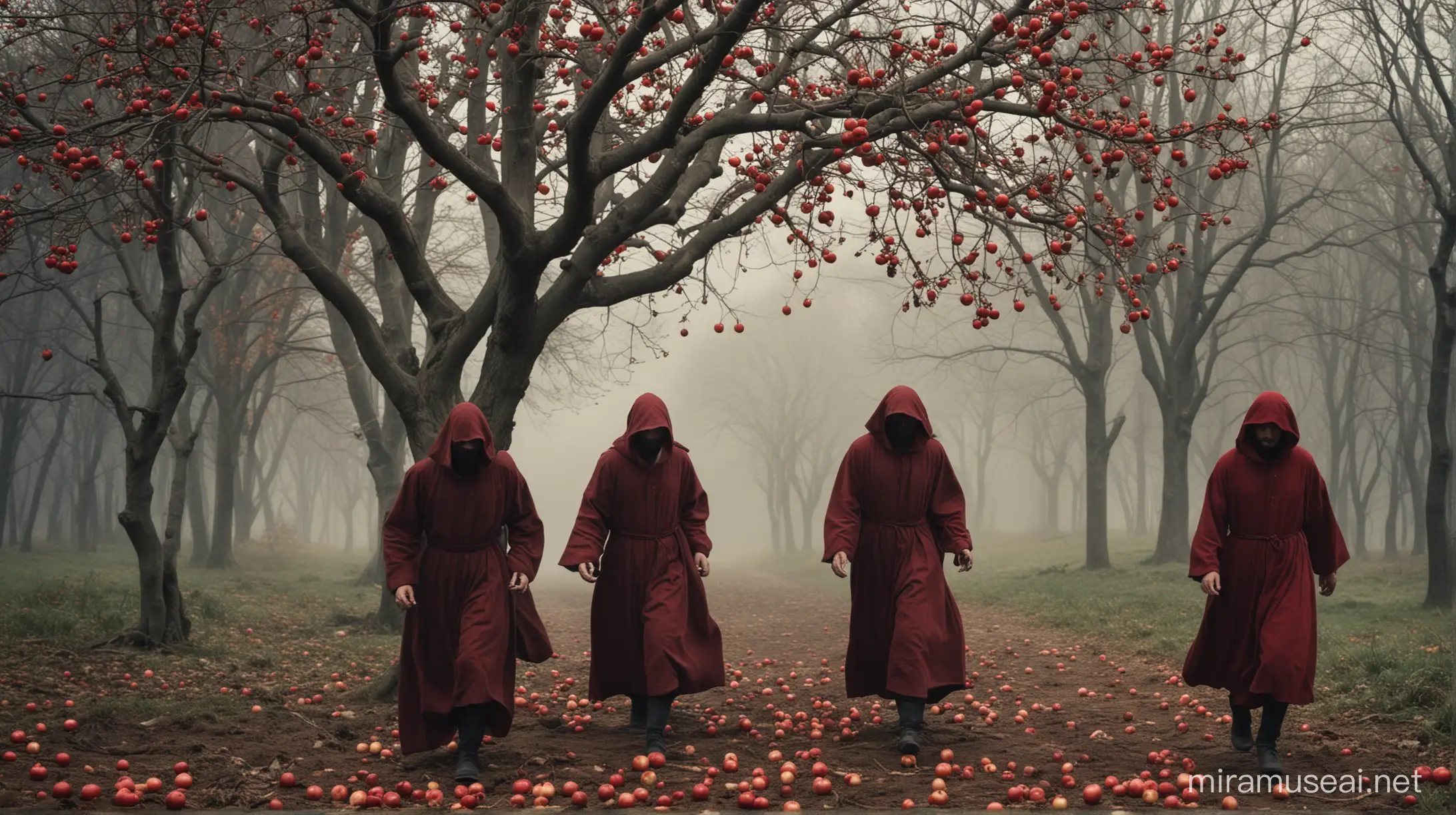 3 Antichrists are fleeing towards a tree with red apples.
