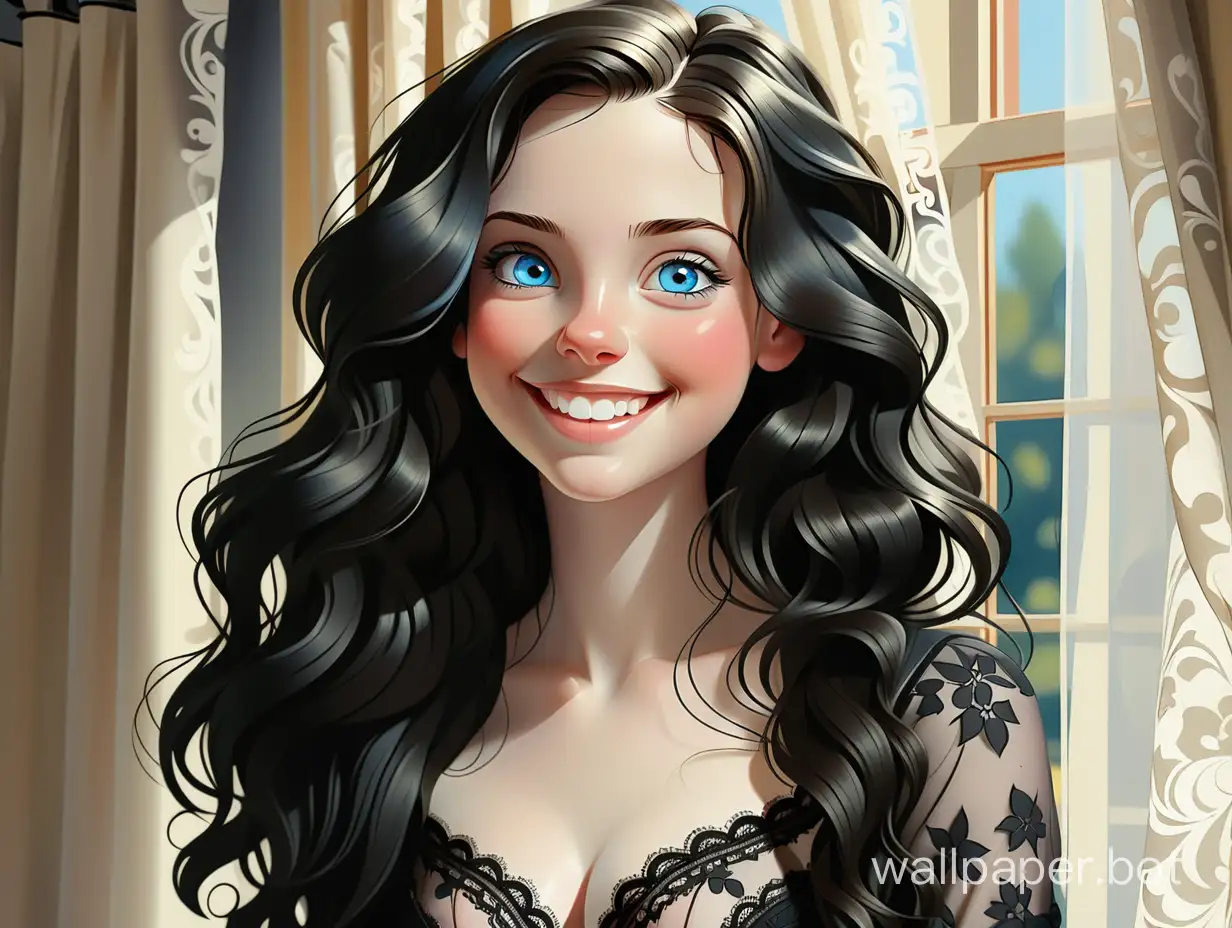 ow angle view, painting of a beautiful 22 year old brunette woman, she is pretty, she has blue eyes, she has pale skin, she has long jet-black hair that is wavy and parted in the middle and falls in curtains, she has a beautiful innocent face, smiling, beaming, very cute, perfect, sense of wonder, wearing a black lace bra, Velazquez painting style