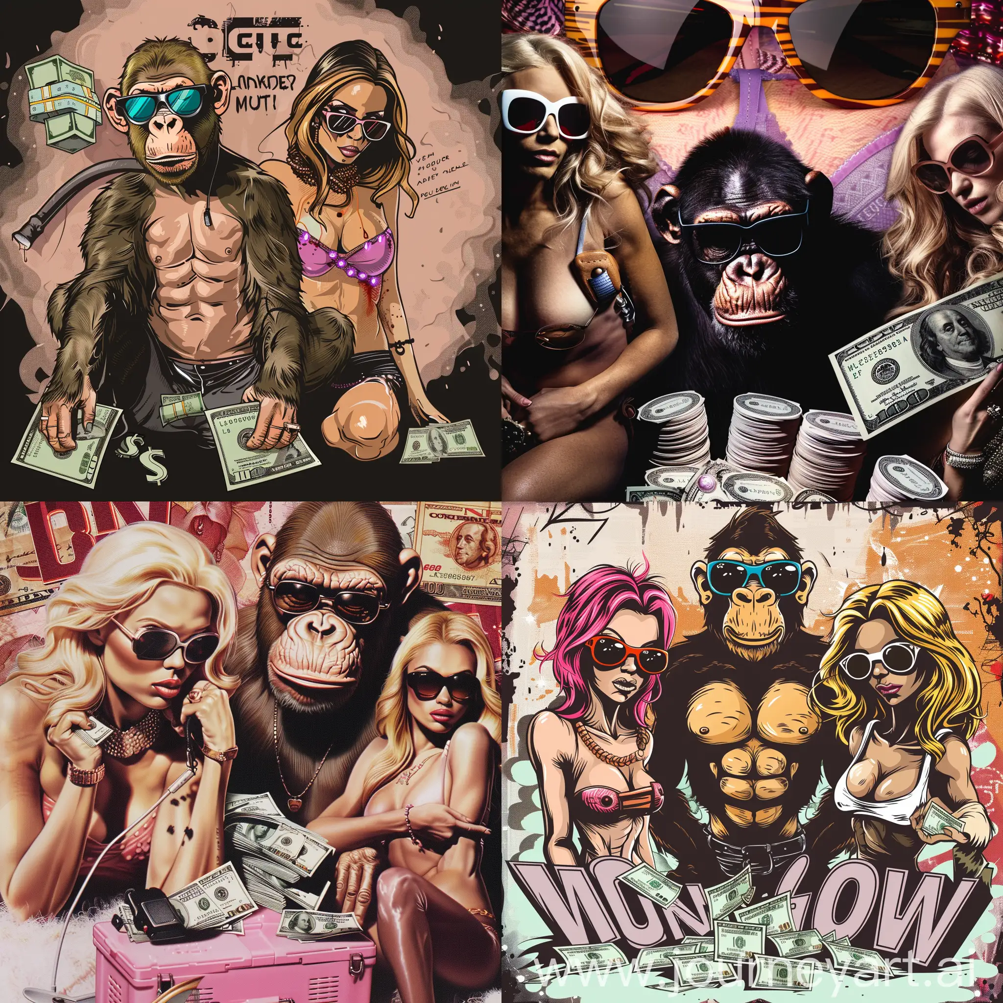 Pump charts, Ape, cool sunglases, sexy ladies, wads of cash