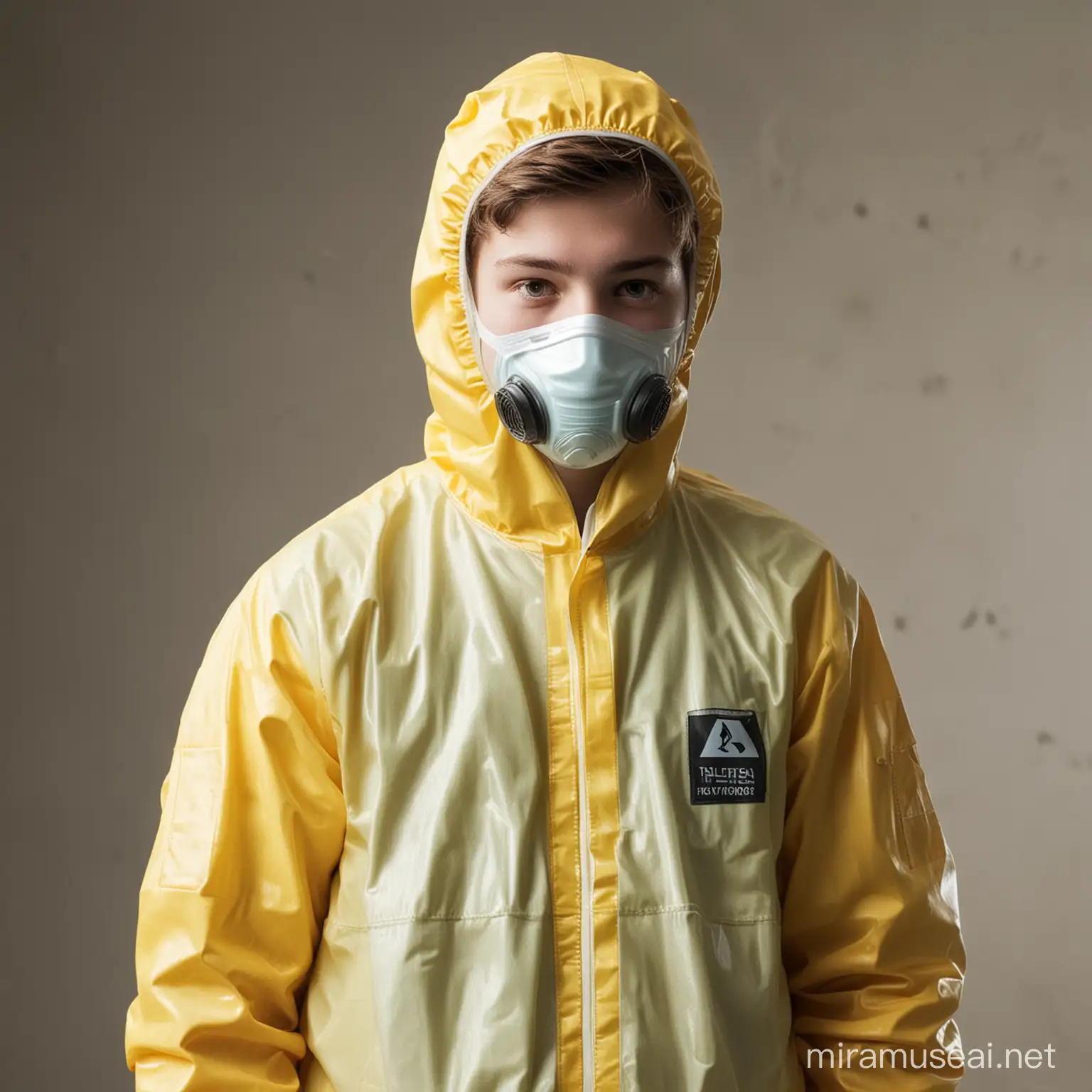 a teen boy in a hazmat suit