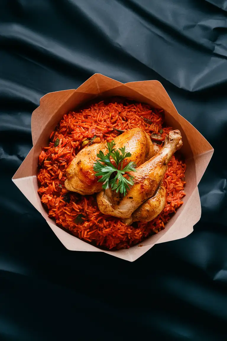 Jollof Rice and chicken in a brown paper food box on a black matte background.