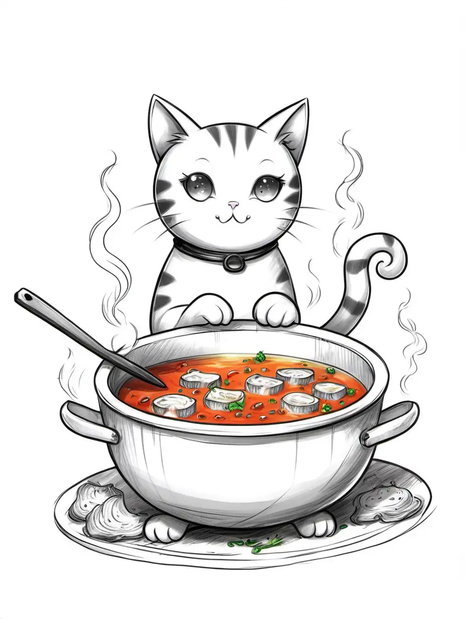 Нарисуй котика который готовит суп