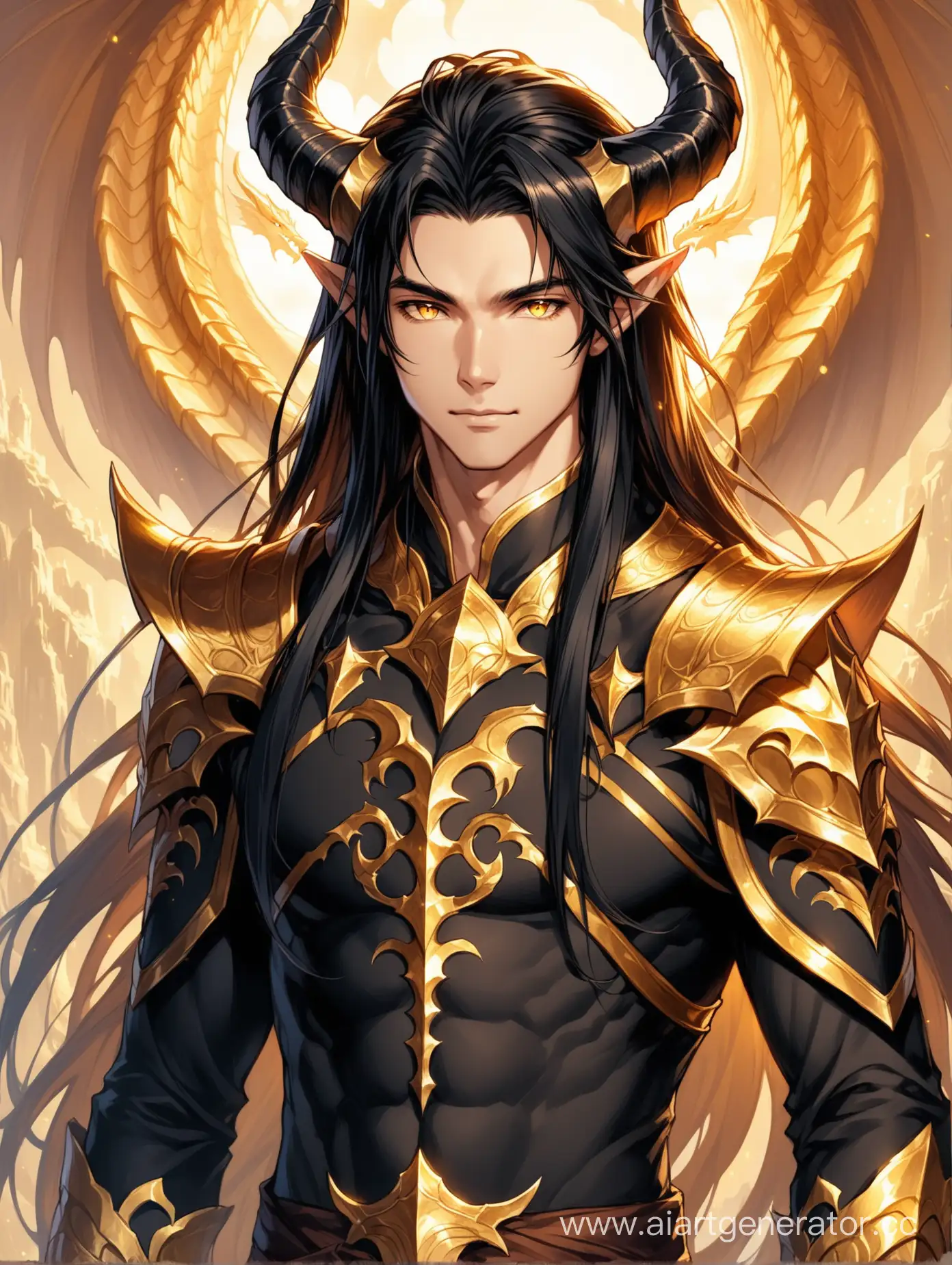 half-dragon, man, male, black hair, long hair, golden eyes, light skin, kind face, fantasy world, two horns on the head, black horns